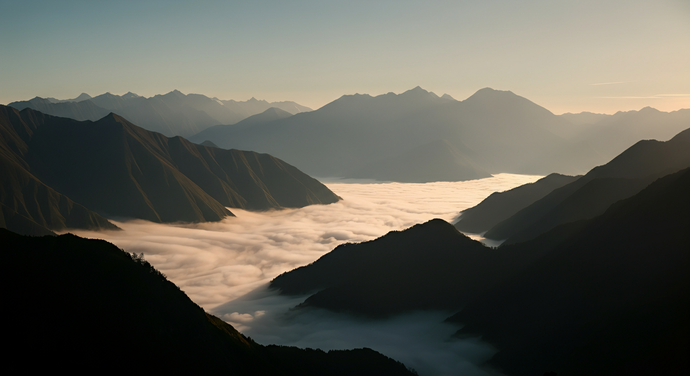 Mountain range with clouds or fog in the valleys during sunrise or sunset.
