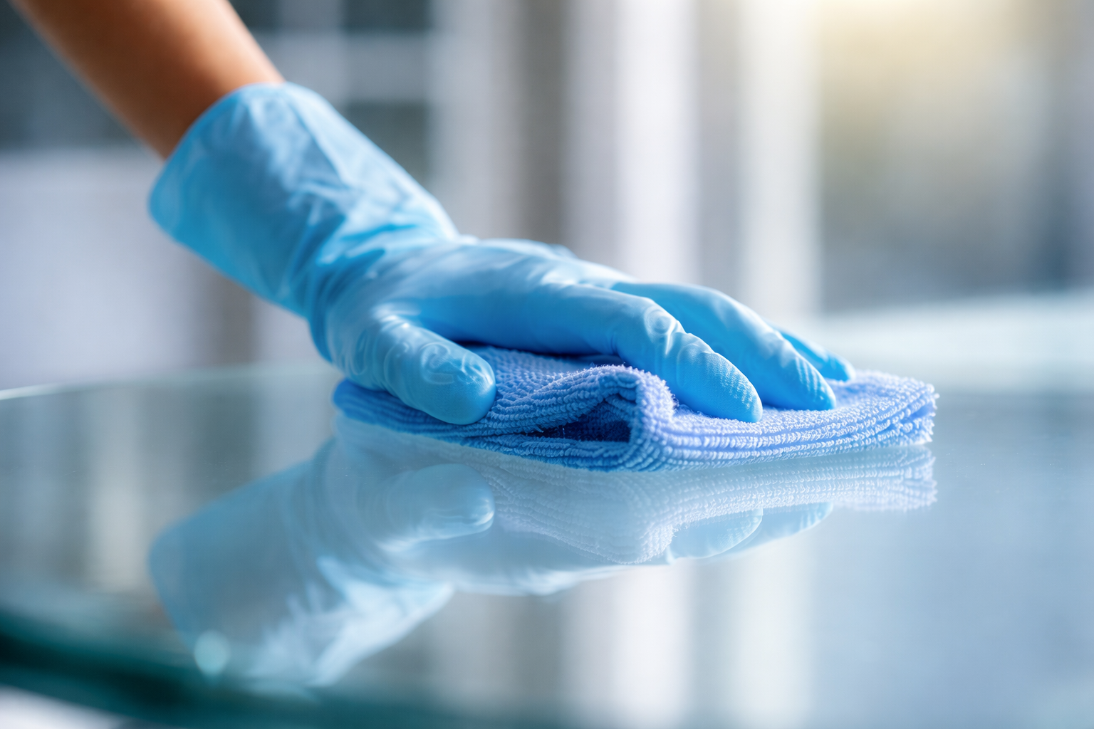 A person wearing blue gloves cleaning a reflective surface with a blue cloth in a well-lit indoor environment.