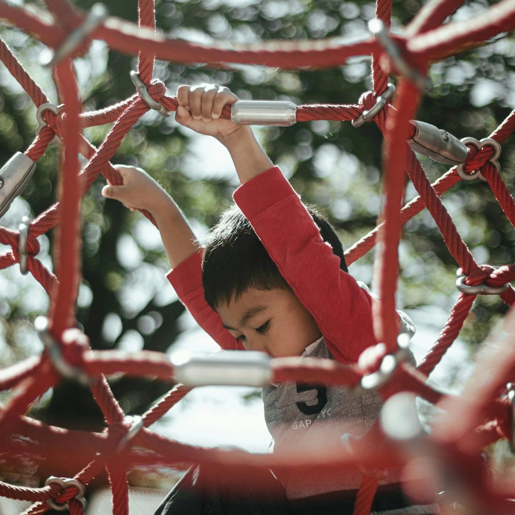 A young boy climbing on a red rope climbing net outdoors, surrounded by trees and natural scenery.