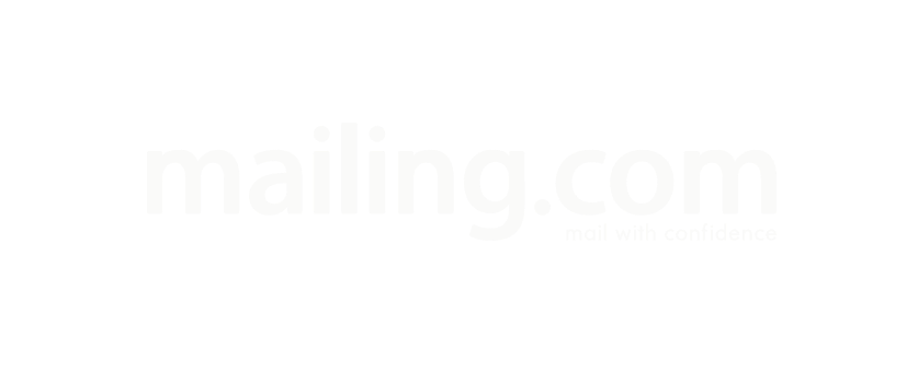 Mailing.com logo with the tagline 'mail with confidence' in white on a black background.