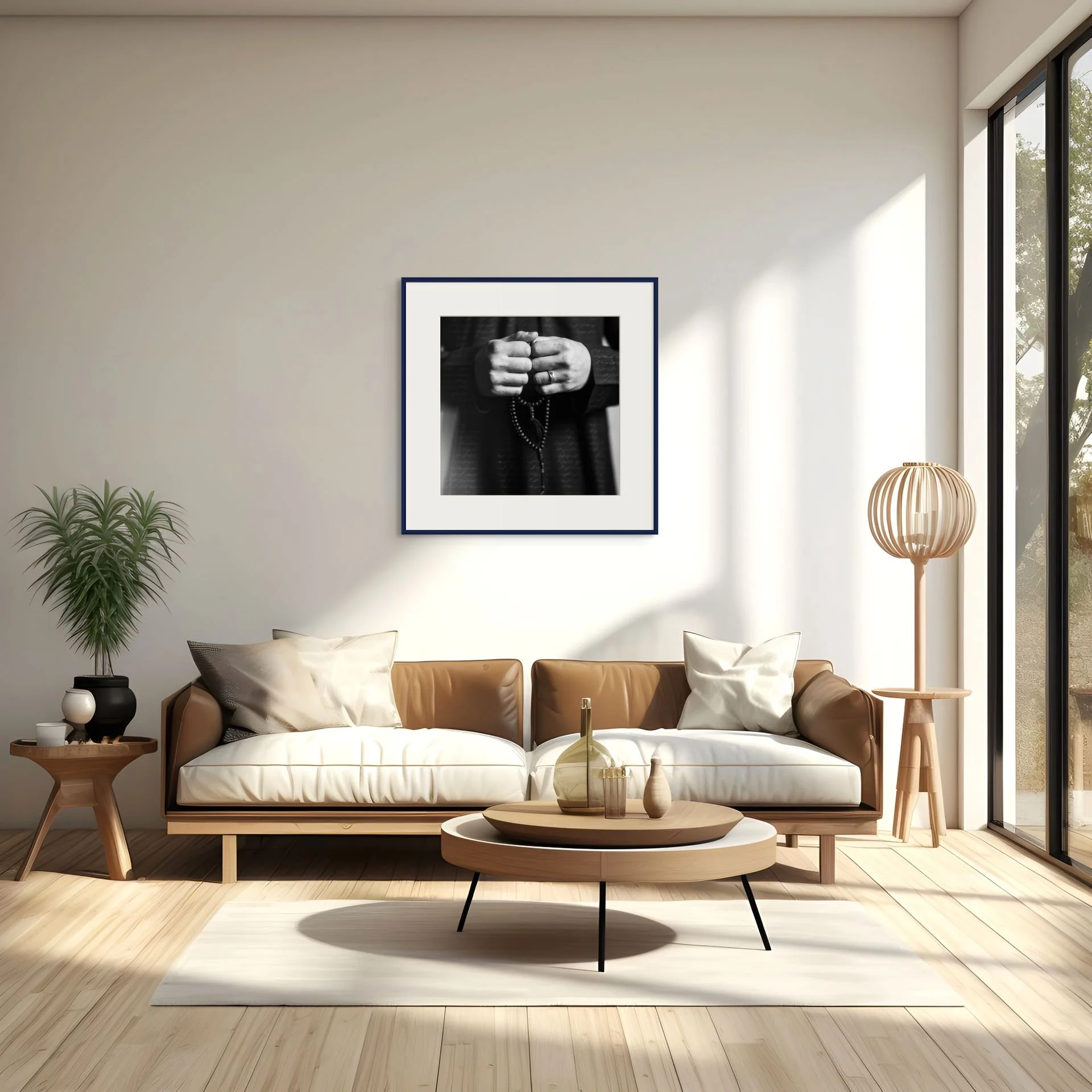 Modern living room with a leather sofa, white pillows, a round wooden coffee table with decorative vases, a black and white framed photo on the wall, a potted plant, a wooden floor lamp, and large glass windows allowing natural light.
