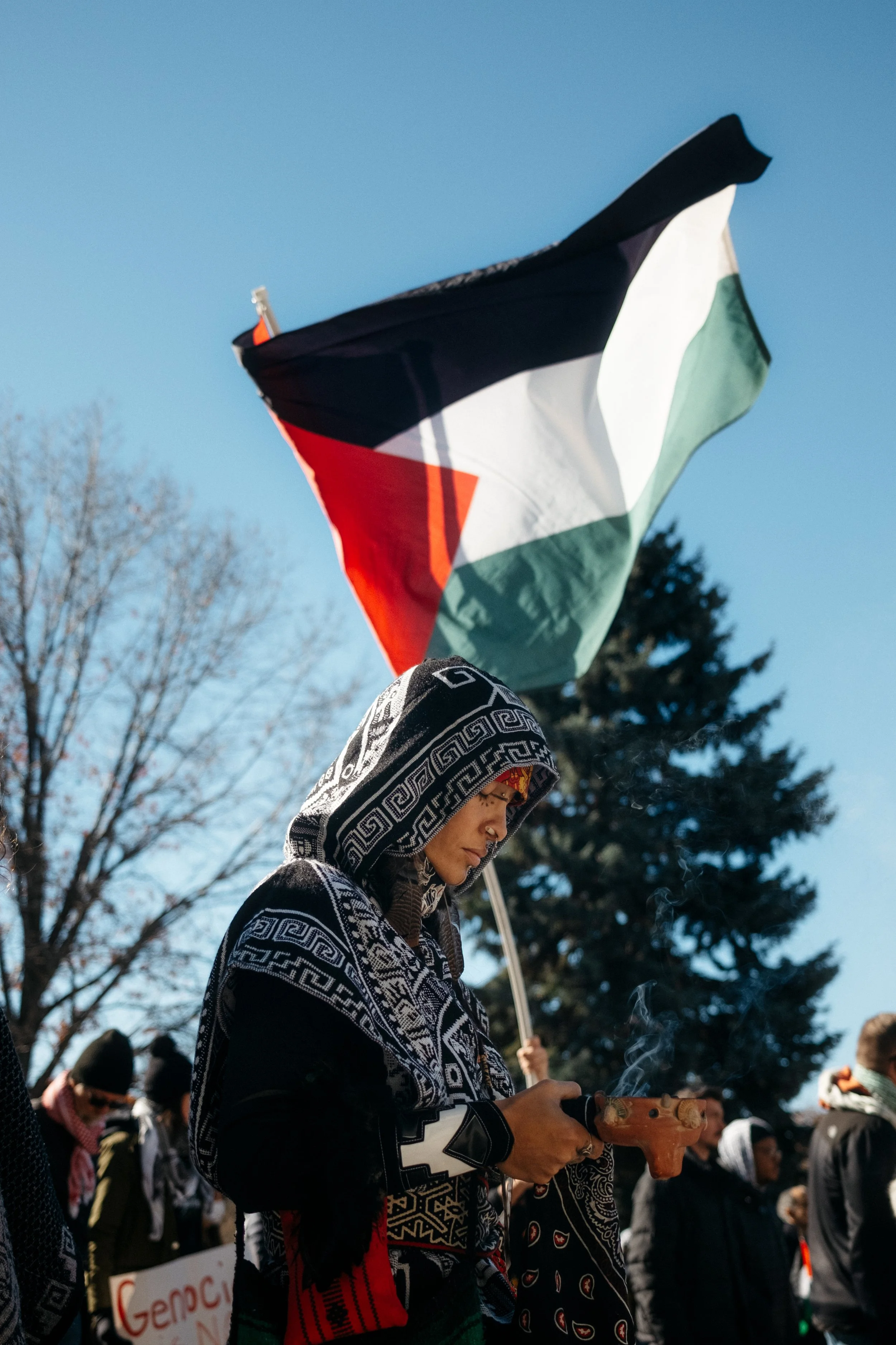 A woman with a patterned hoodie holding a slingshot and a small object. Behind her, a person is holding a Palestinian flag, with tall trees and a clear blue sky in the background.