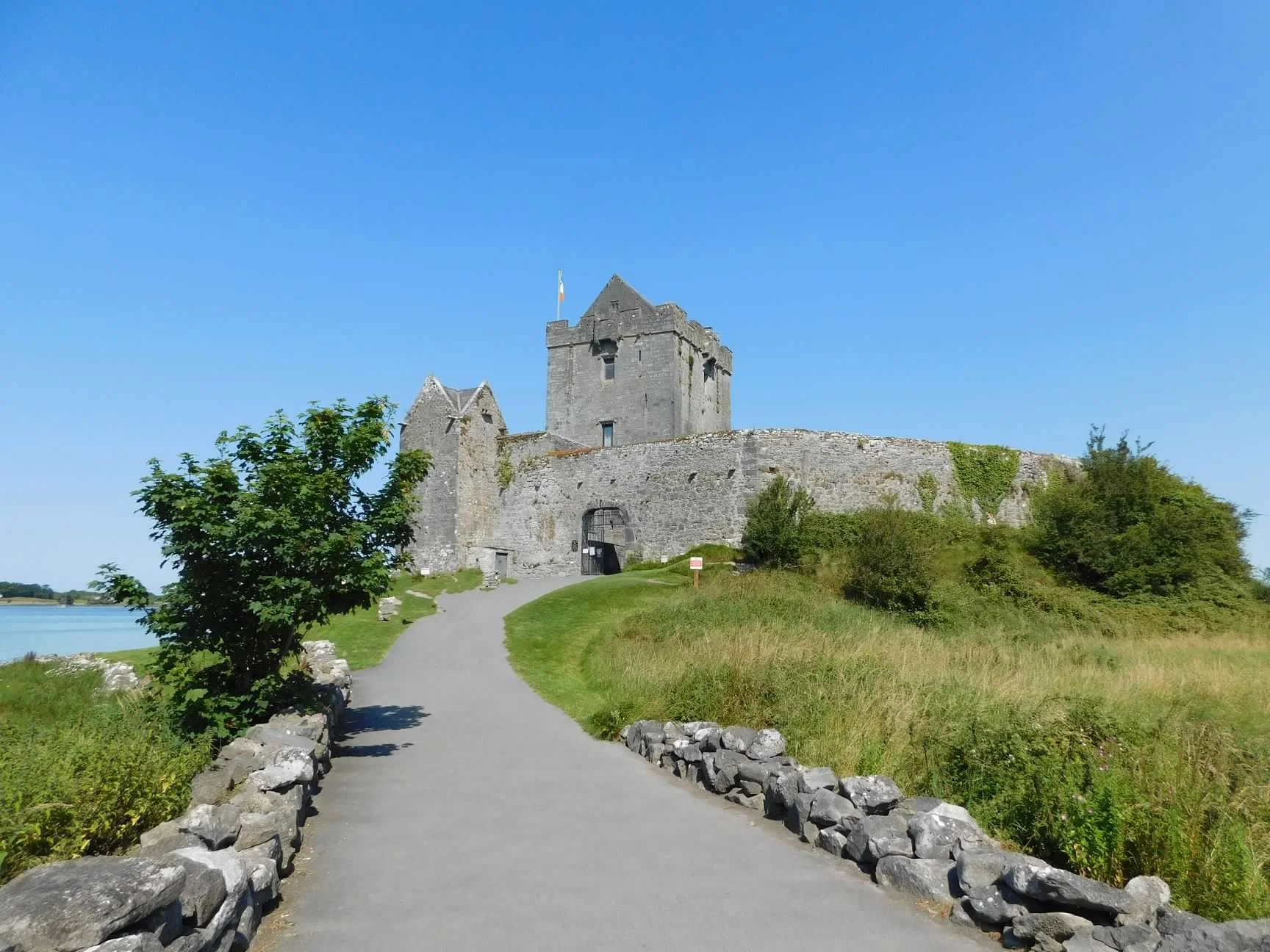 A stone castle on a grassy hill with a blue sky background, a paved pathway leading up to it, and trees on the sides.