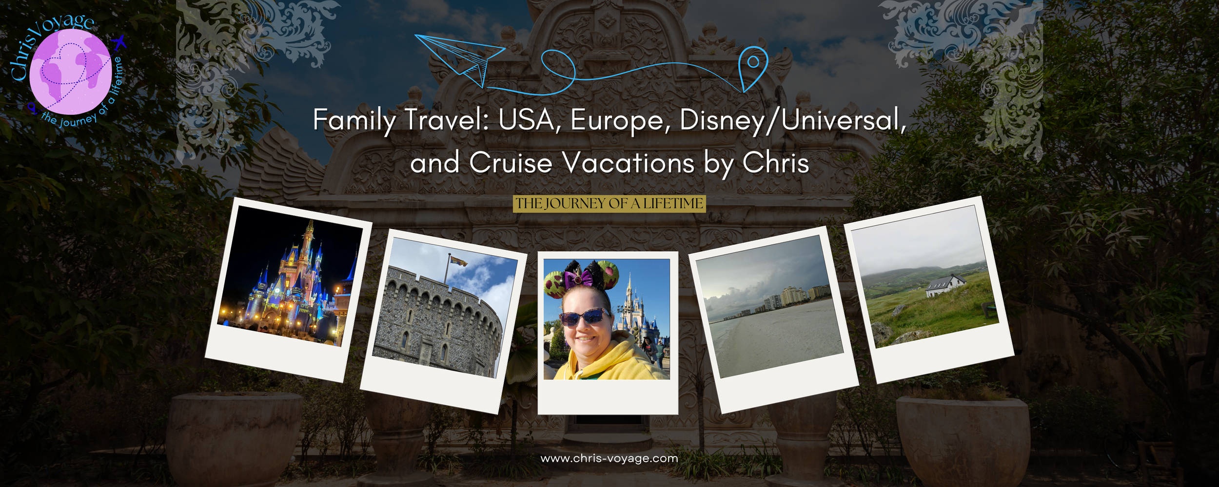 Overlay of travel photos, including a castle at night, a castle wall, a woman at Disneyland with Minnie Mouse ears, a beach scene, and a countryside house, with text about family travel and a logo in the top left corner.
