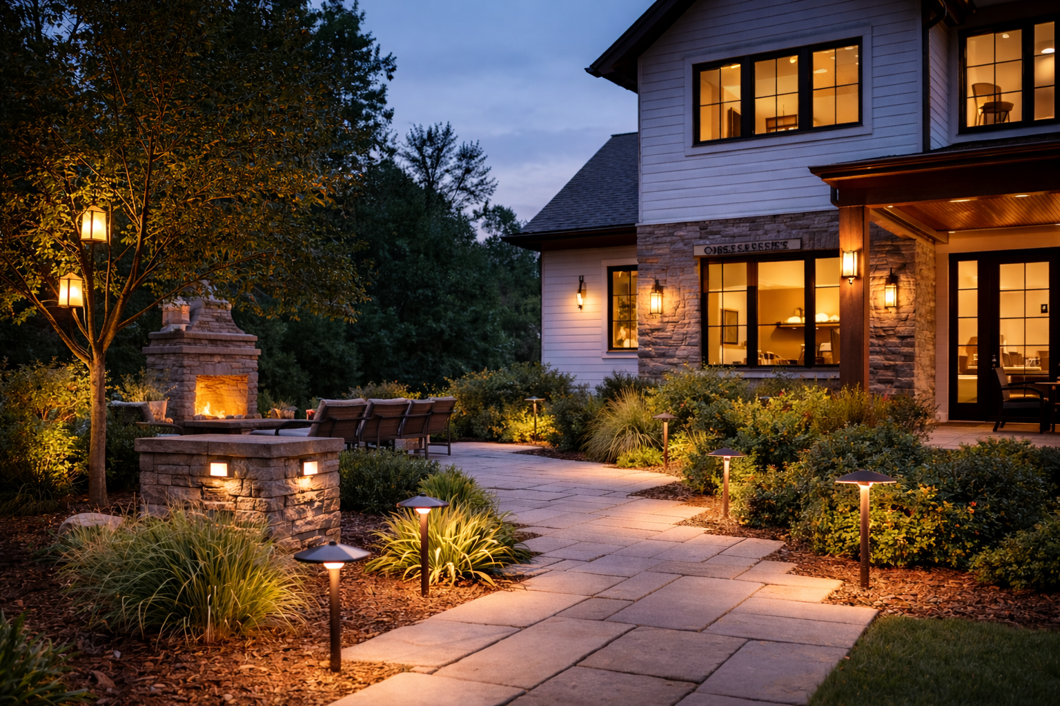 A landscaped backyard patio at dusk with a lit fireplace, outdoor seating, pathway lights, and a two-story house with large windows and warm interior lighting.