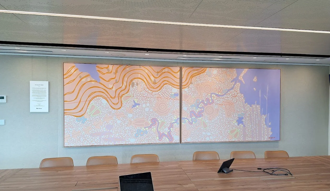 Bespoke panoramic canvas art in a custom oak float frame, installed in a professional meeting room.