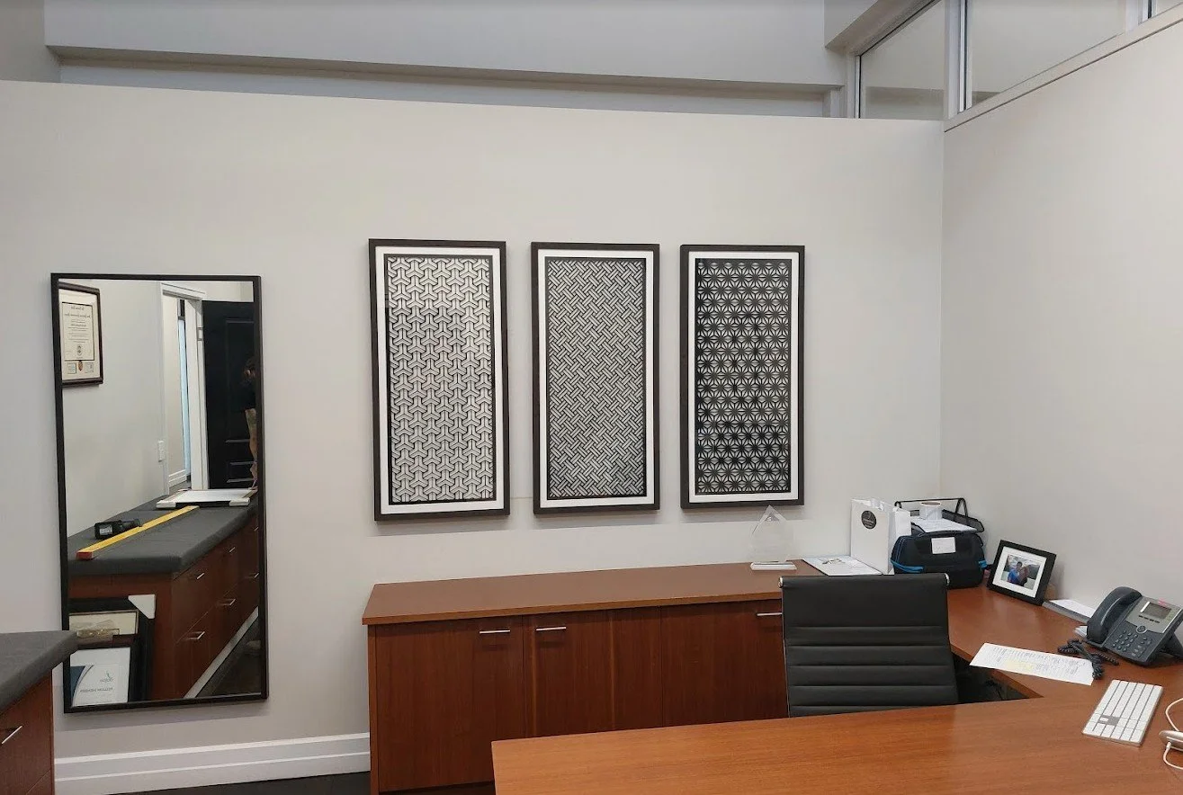 Intricate paper-cut artwork in professional gallery frames, installed in a modern corporate office.