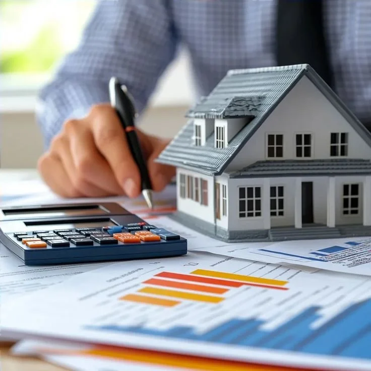 Person working on real estate documents with a small model house and calculator on desk.