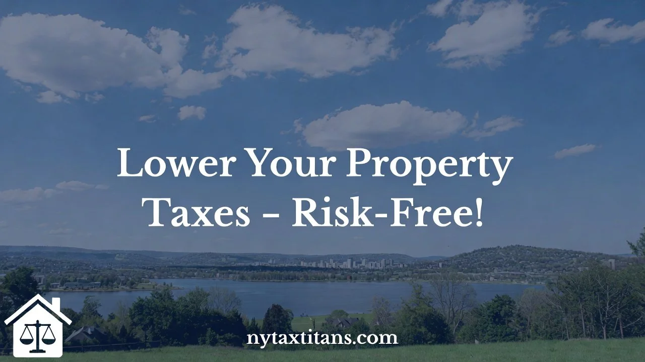 A scenic landscape with a lake, trees, and hills under a partly cloudy sky, with text overlay promoting lower property taxes, and a website link nytaxtitans.com.