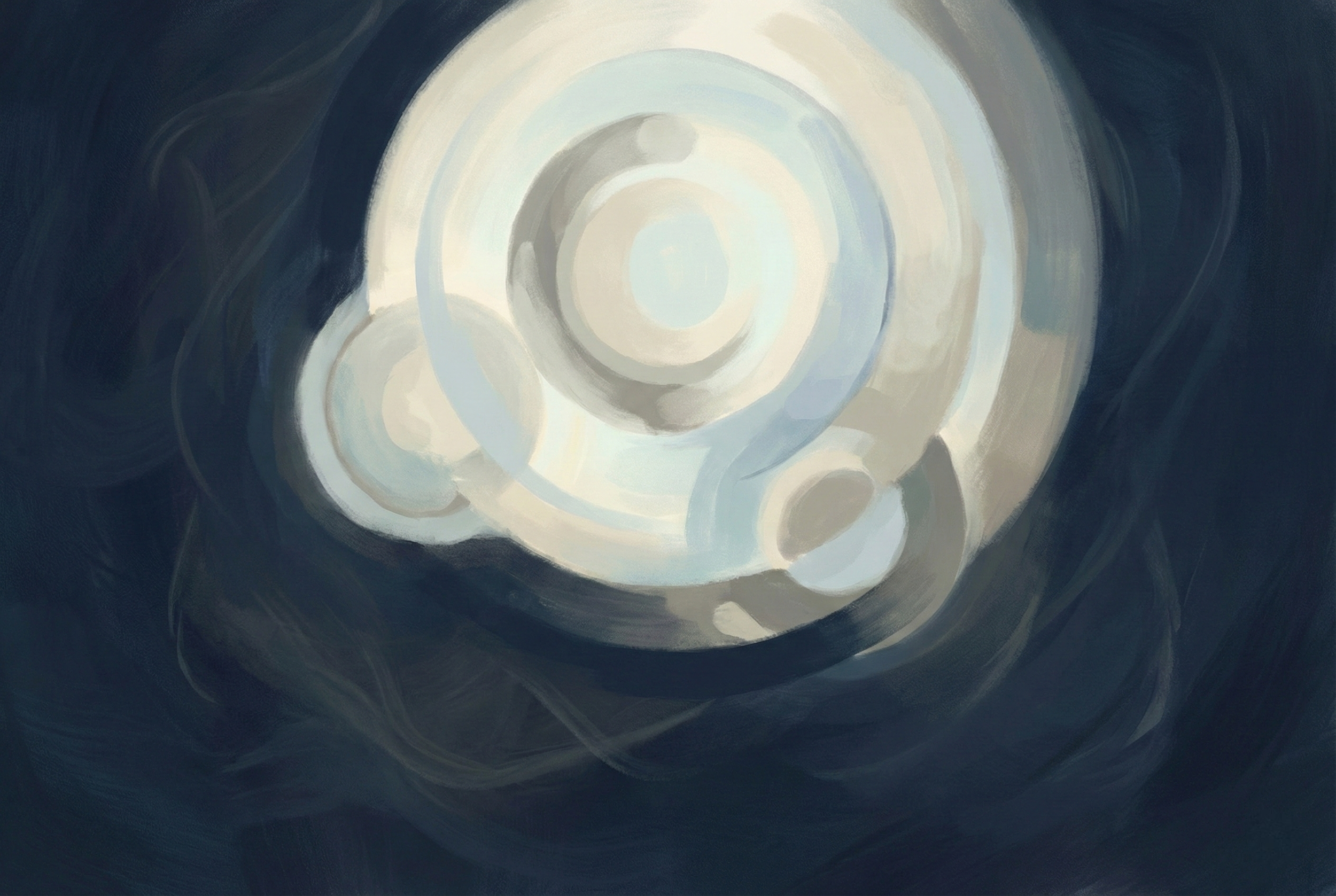 Abstract digital art featuring concentric circles of varying shades of white, gray, and blue against a dark, swirling background.
