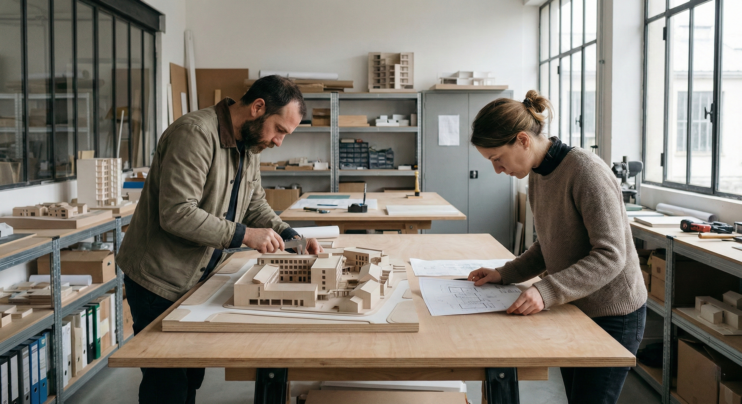 Two architects work on an architectural model of a building in a bright, modern studio with large windows.