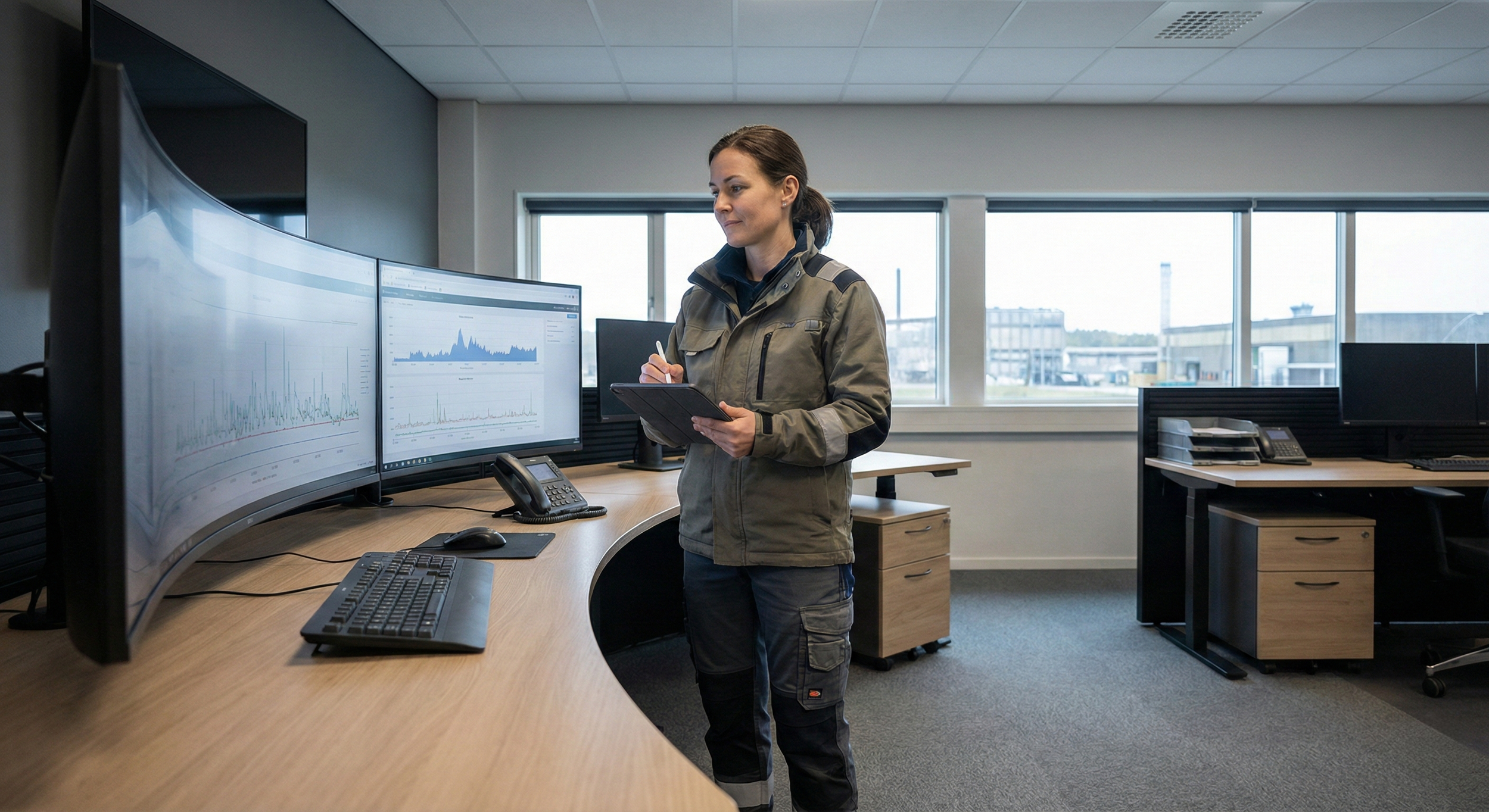 A woman standing at a curved desk with three monitors displaying line graphs, holding a tablet and pen in an office with large windows.