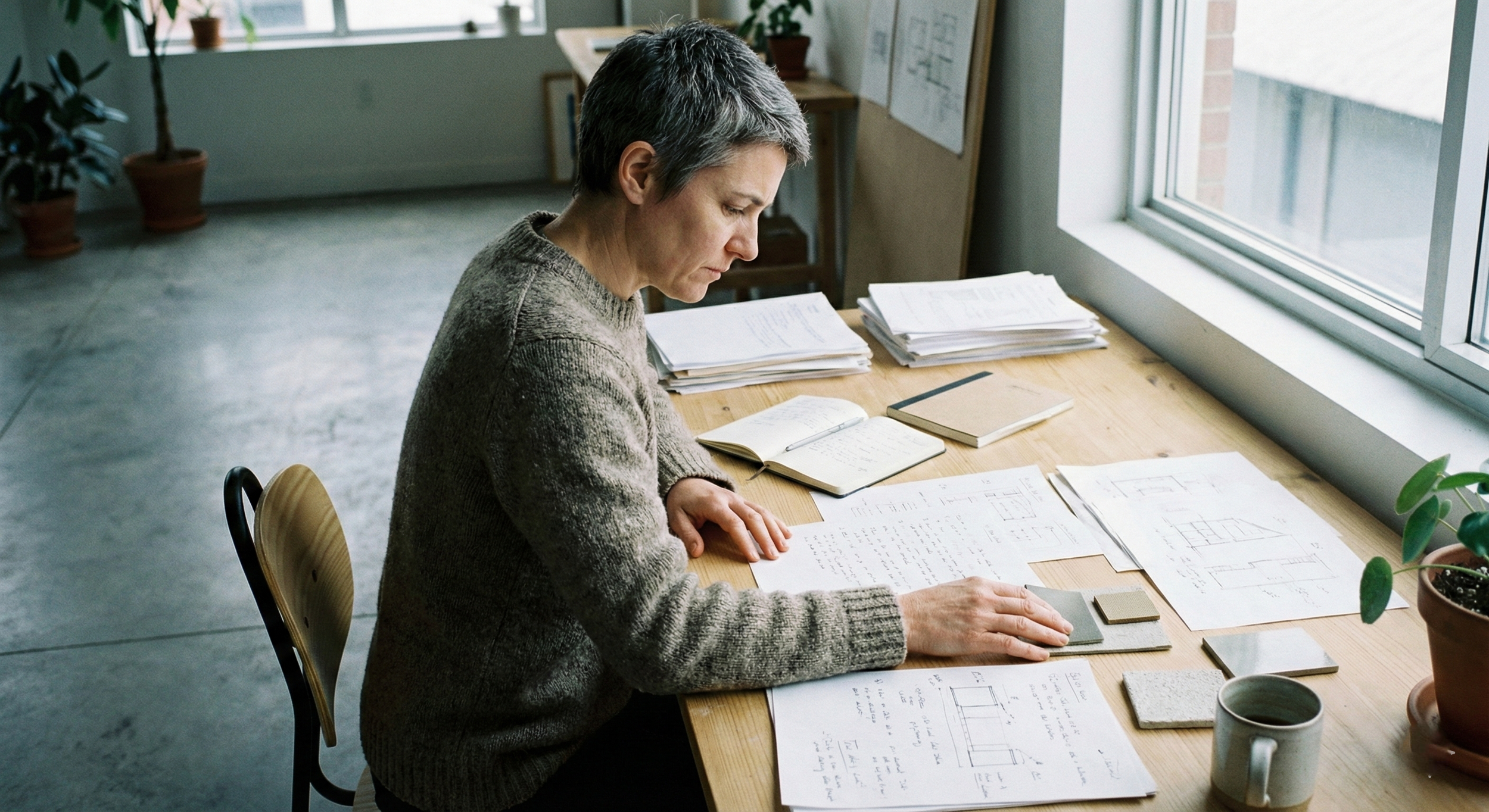 An older woman with short gray hair working at a wooden desk covered with papers, notebooks, and sketches, sitting in front of a large window in a well-lit room.