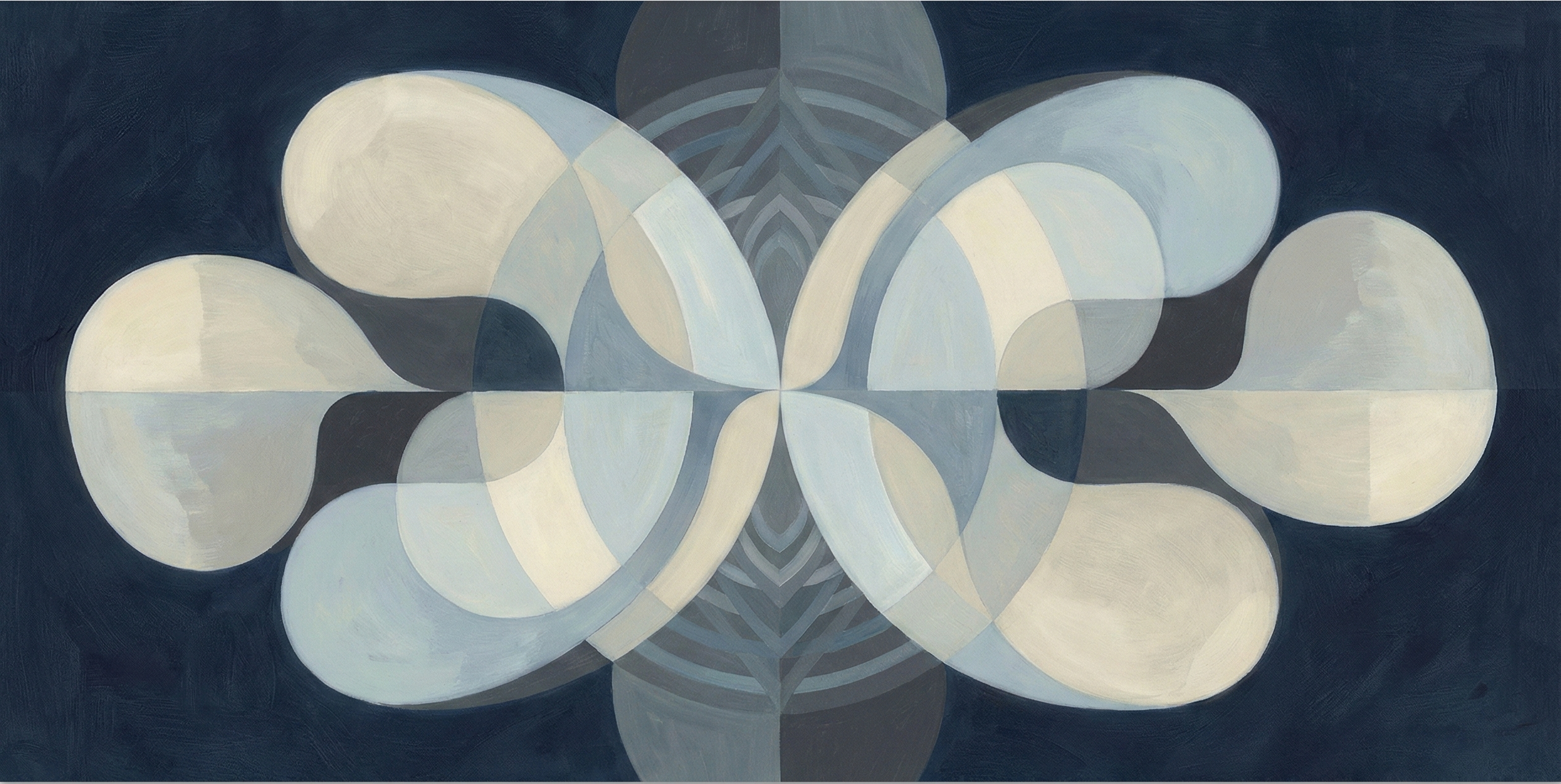 Abstract geometric painting with overlapping circles and curved shapes in shades of cream, blue, and gray on a dark background.