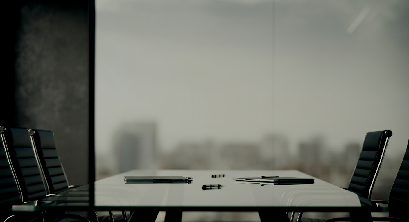 Empty conference room with a large window in the background and a white table with pens and notebooks on it.