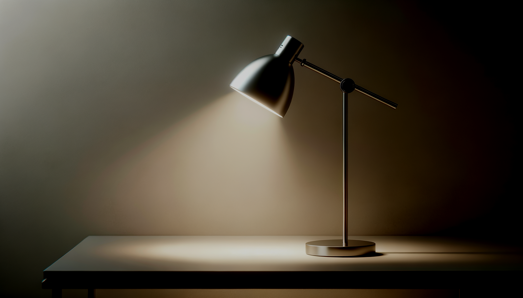 A black modern desk lamp turned on, casting a warm glow on a white table surface against a gradient beige background.