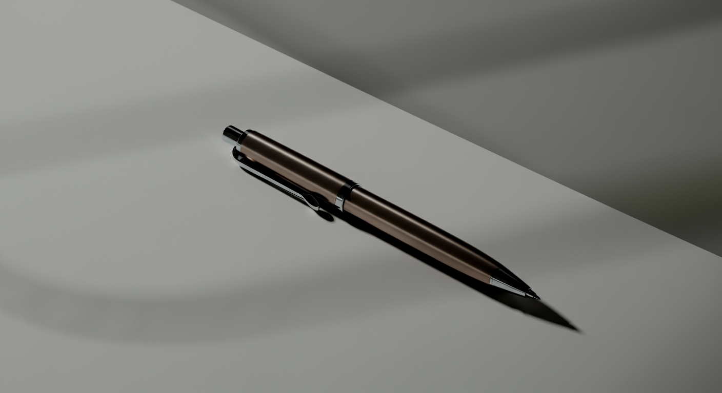 A brown and black pen lying on a white surface with a gray wall behind it.
