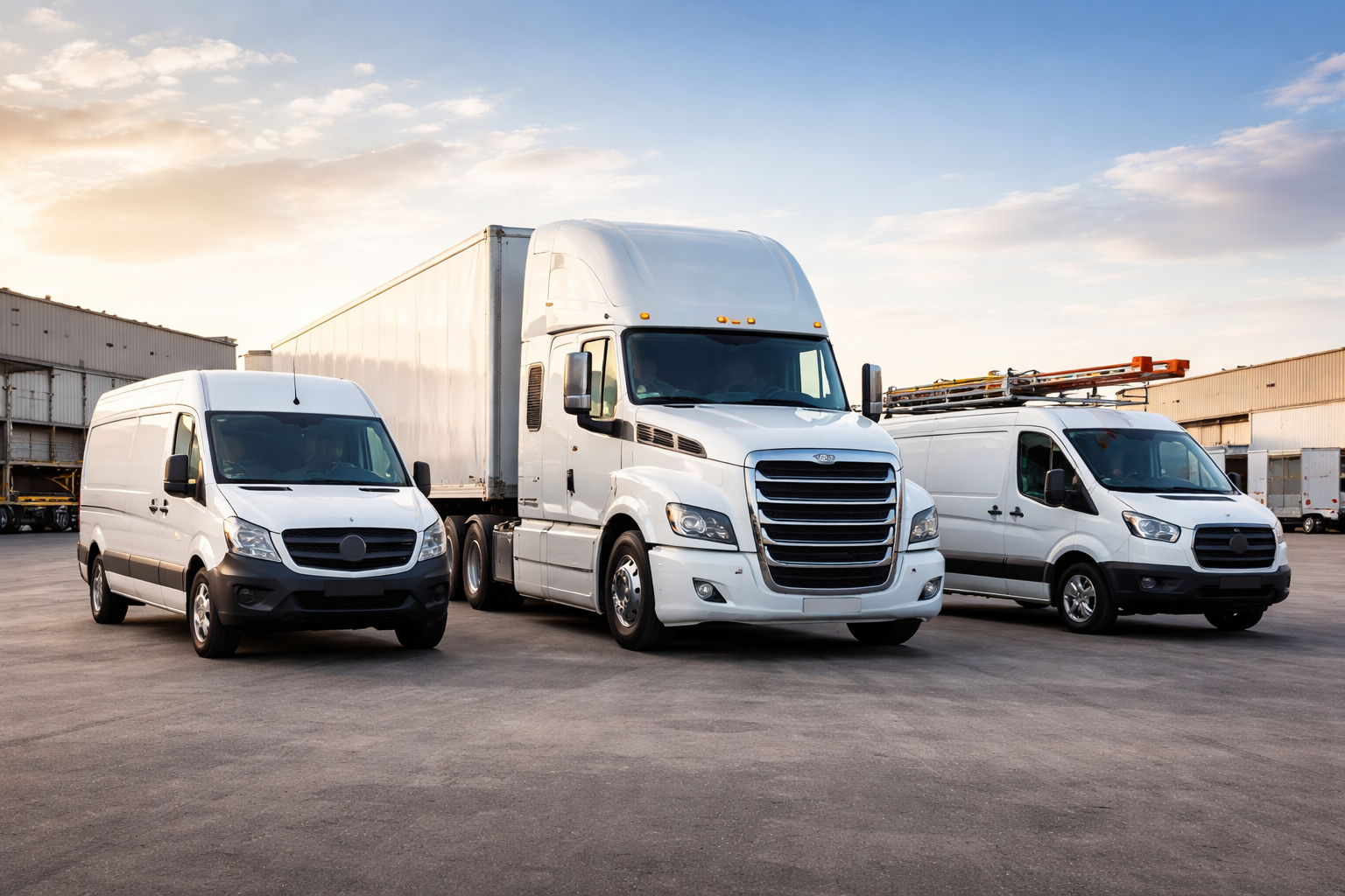 Three white commercial vans and a semi-truck with a trailer parked on a large paved lot near warehouse buildings, under a partly cloudy sky during sunset.