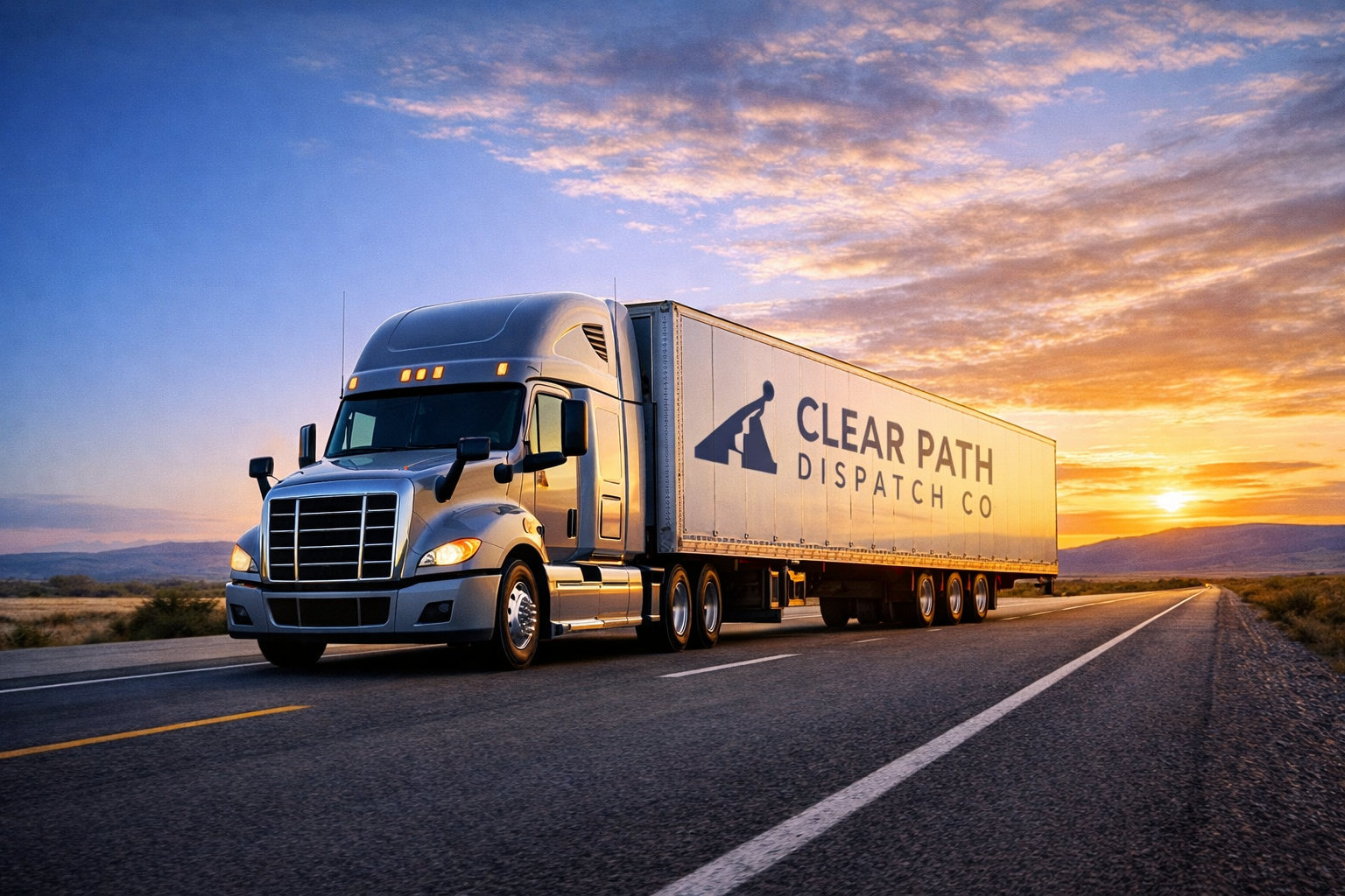 A semi-truck driving on an empty highway at sunset with the company logo 'Clear Path Dispatch Co' on the trailer.
