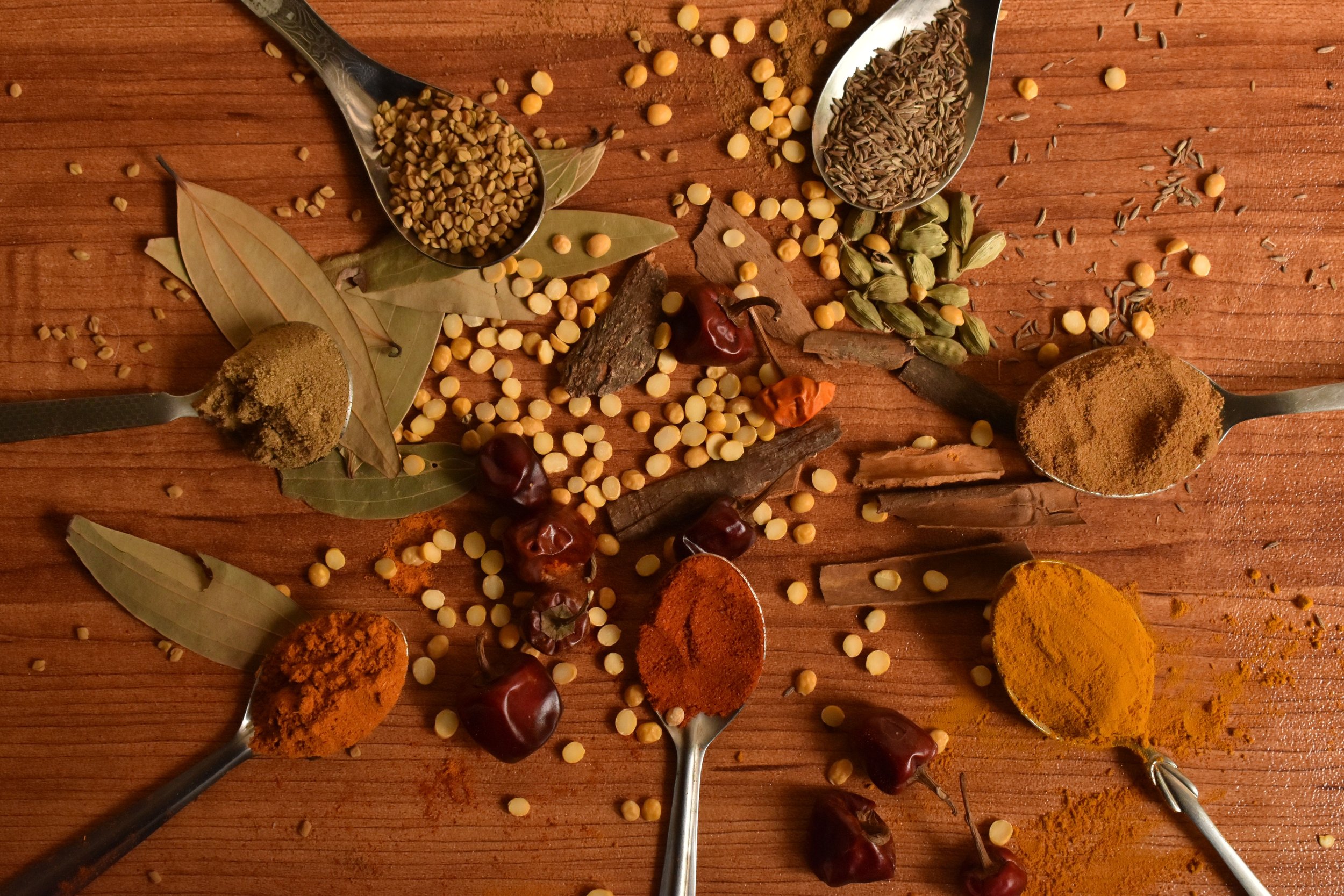 Warming Ayurvedic spices including cinnamon, turmeric, cumin, clove, ginger and cardamom