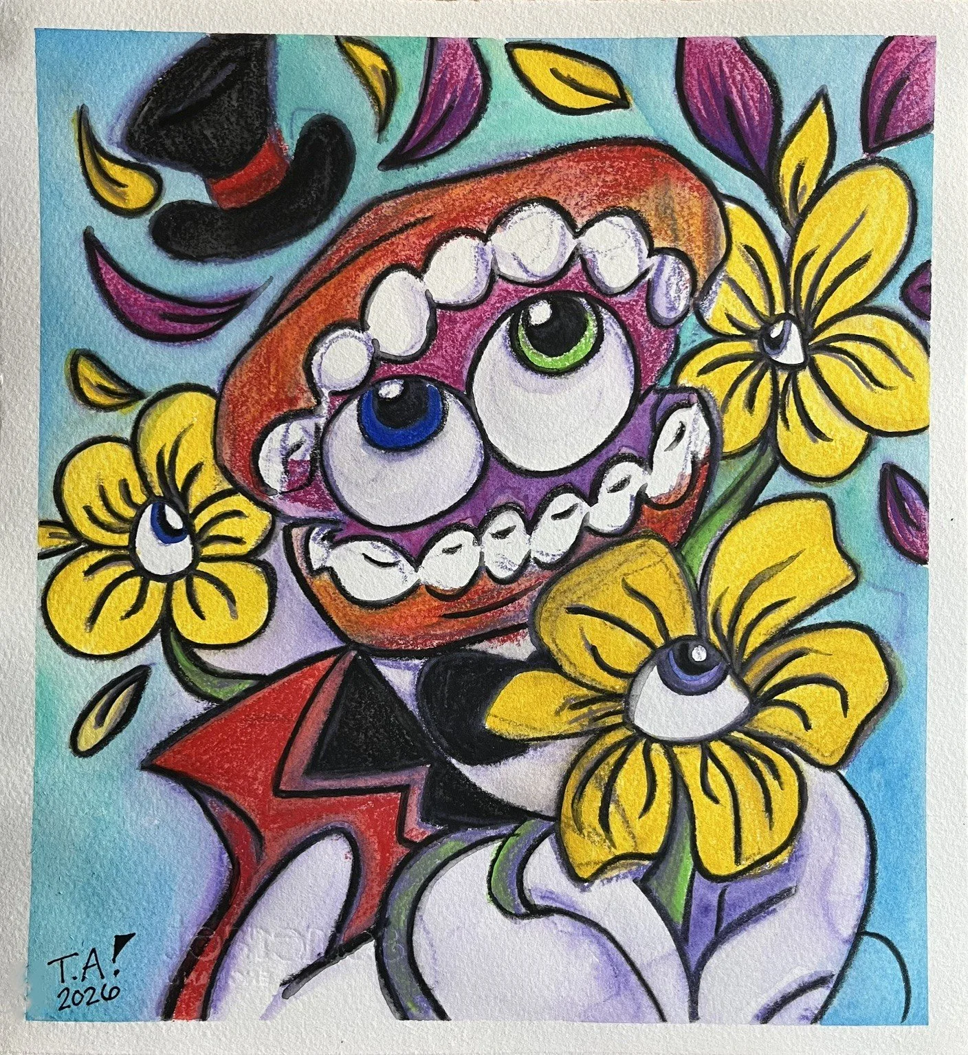 Flowers For The Ringmaster,
Wax Pastel and Watercolor on Cotton Paper, 10.25 x 11.25 in, 2026.
Fan art for The Amazing Digital Circus, created by Gooseworx