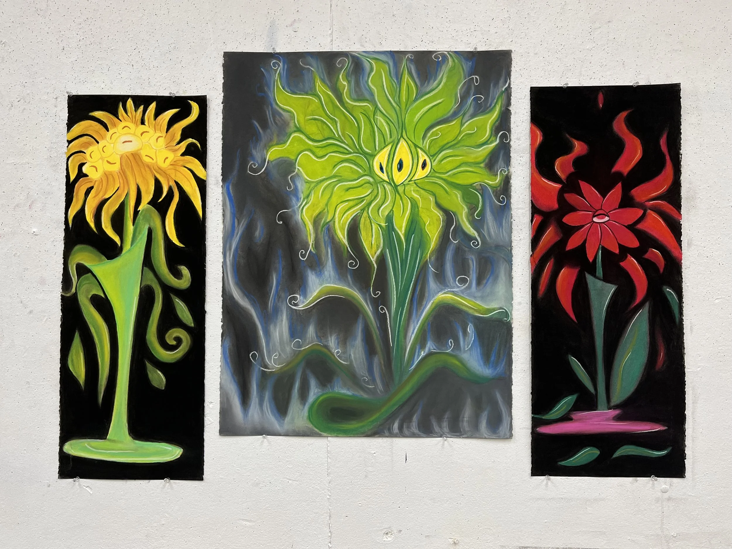 So Much For Special / Lettuce Flower / No Answer, Pastel on Cotton Paper, 22x30 in, 2 x 11x30 in