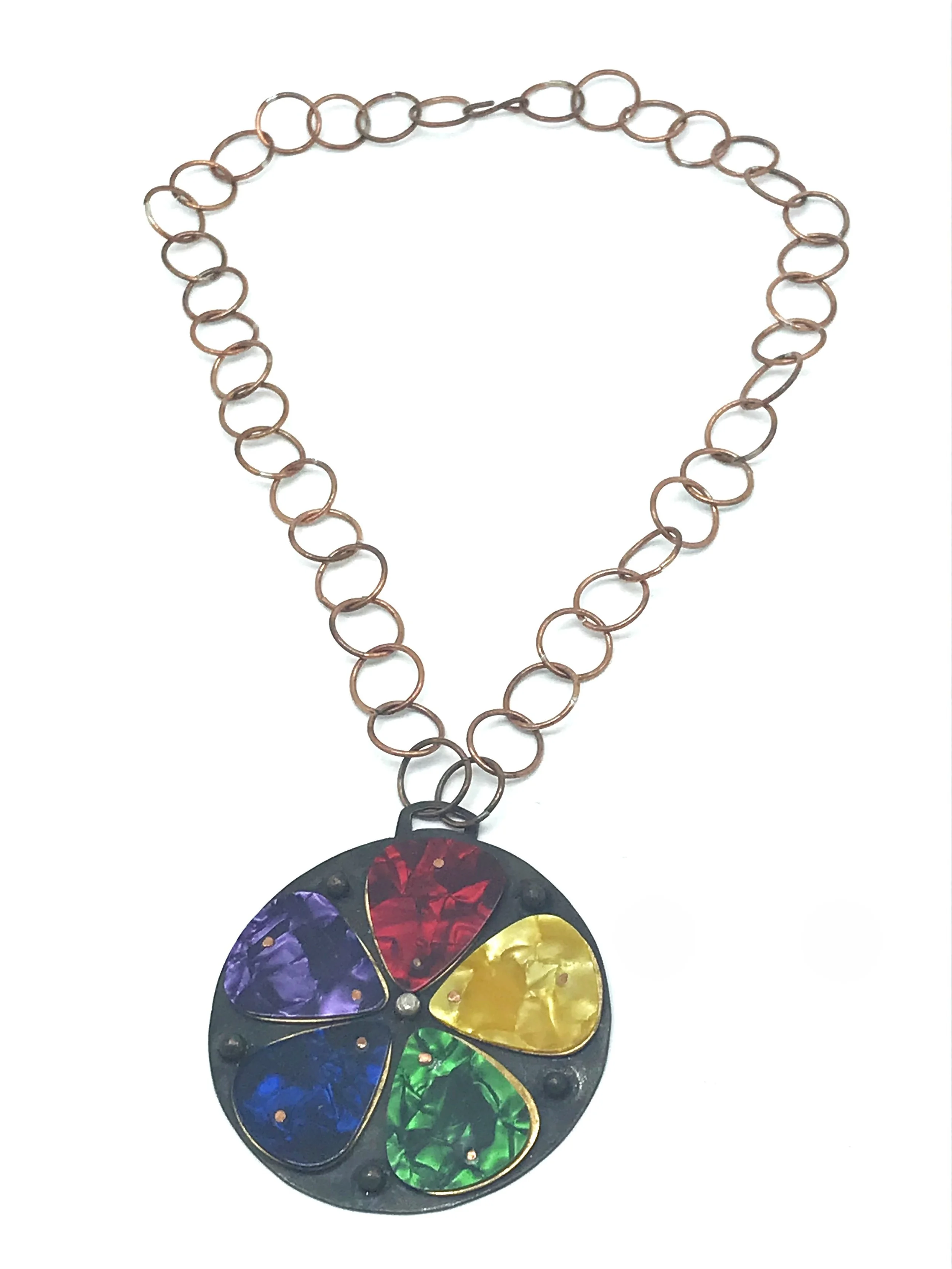 Upcycled Talisman, Copper chain, brass, guitar picks