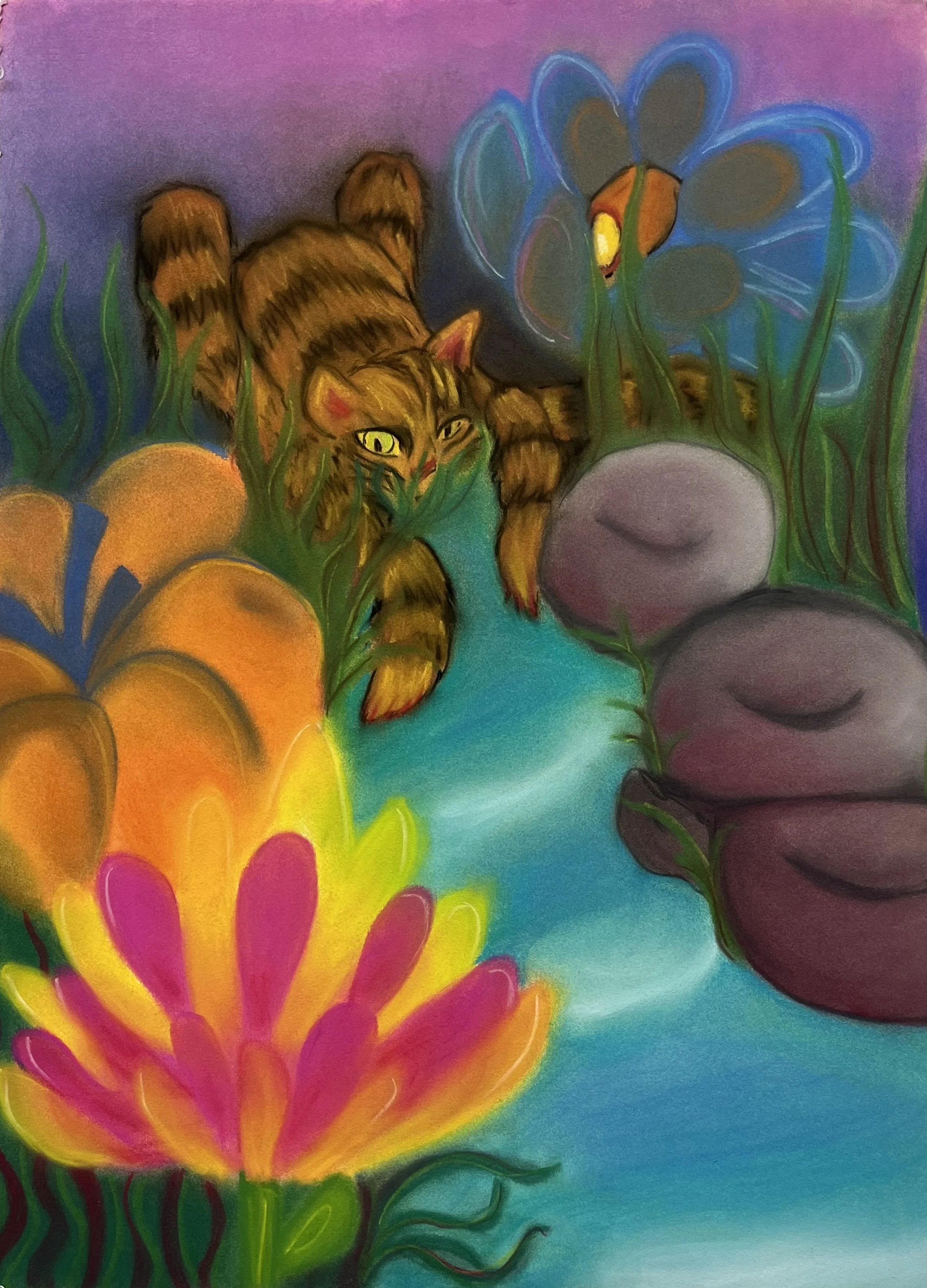 Triptych With Cats,
Pastel on Cotton Paper,
3 panels, 22x30 in