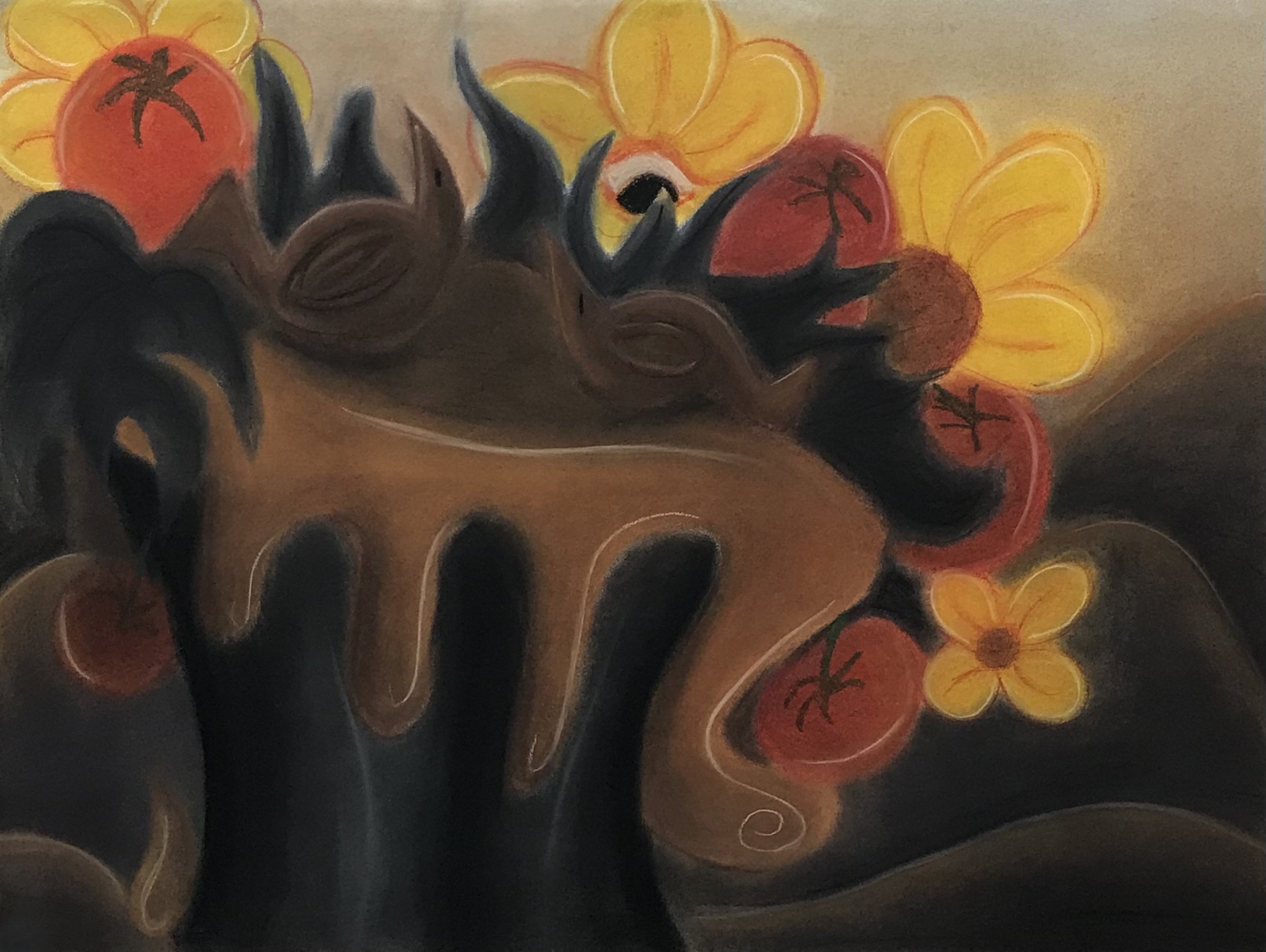 Chocolate Tomato Birds, Pastel on Mixed Media Paper, 18x24