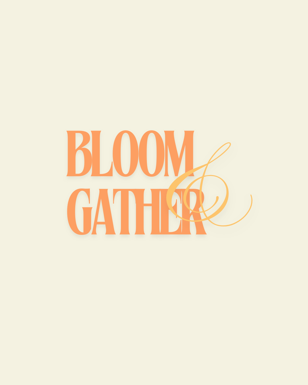 Text reading 'BLOOM & GATHER' in orange and peach colors on a light background, with decorative cursive element.