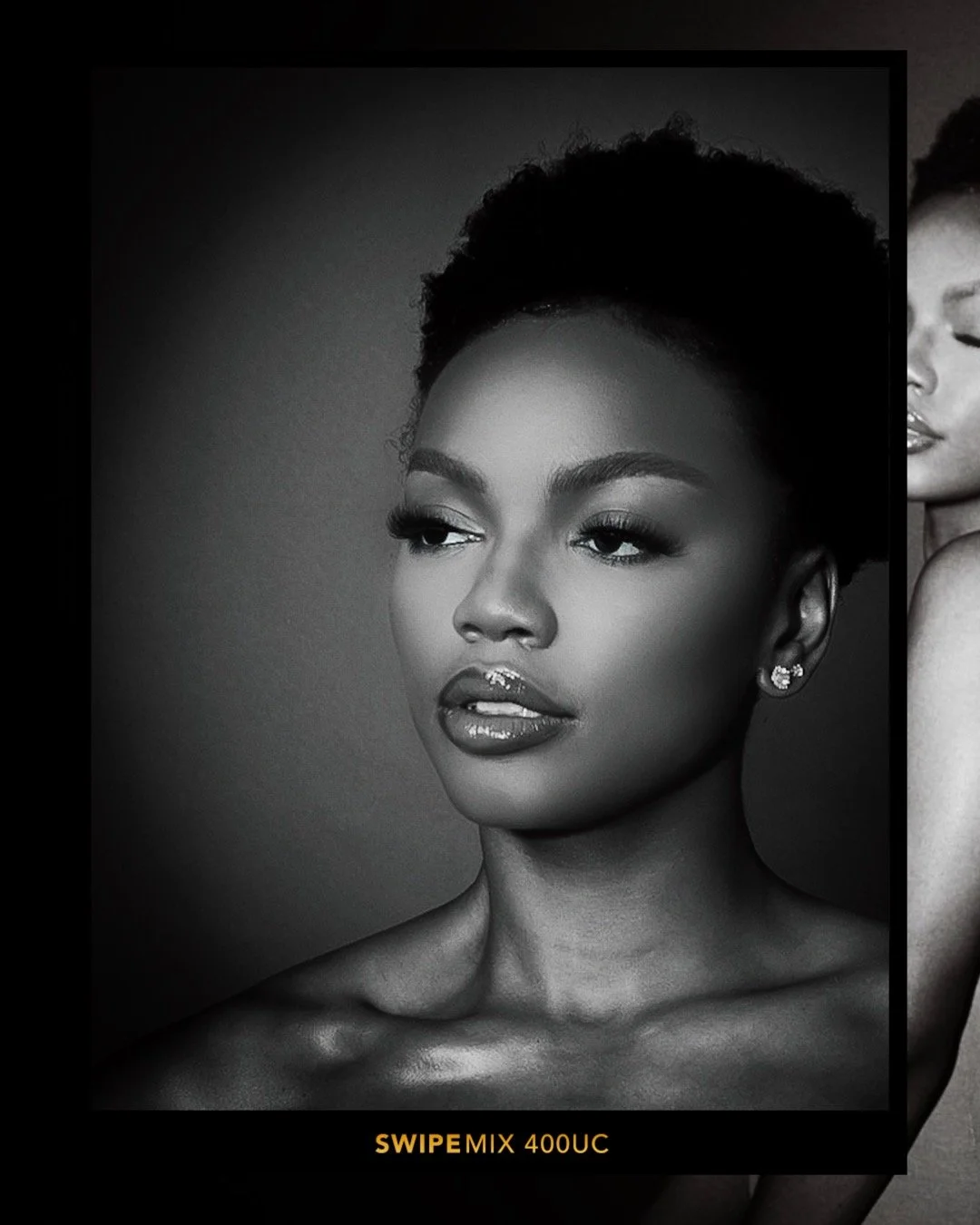 Black and white portrait of a woman with short curly hair, glossy lips, and earrings, looking to the side. Text at the bottom reads 'SWIPE MIX 400UC'.
