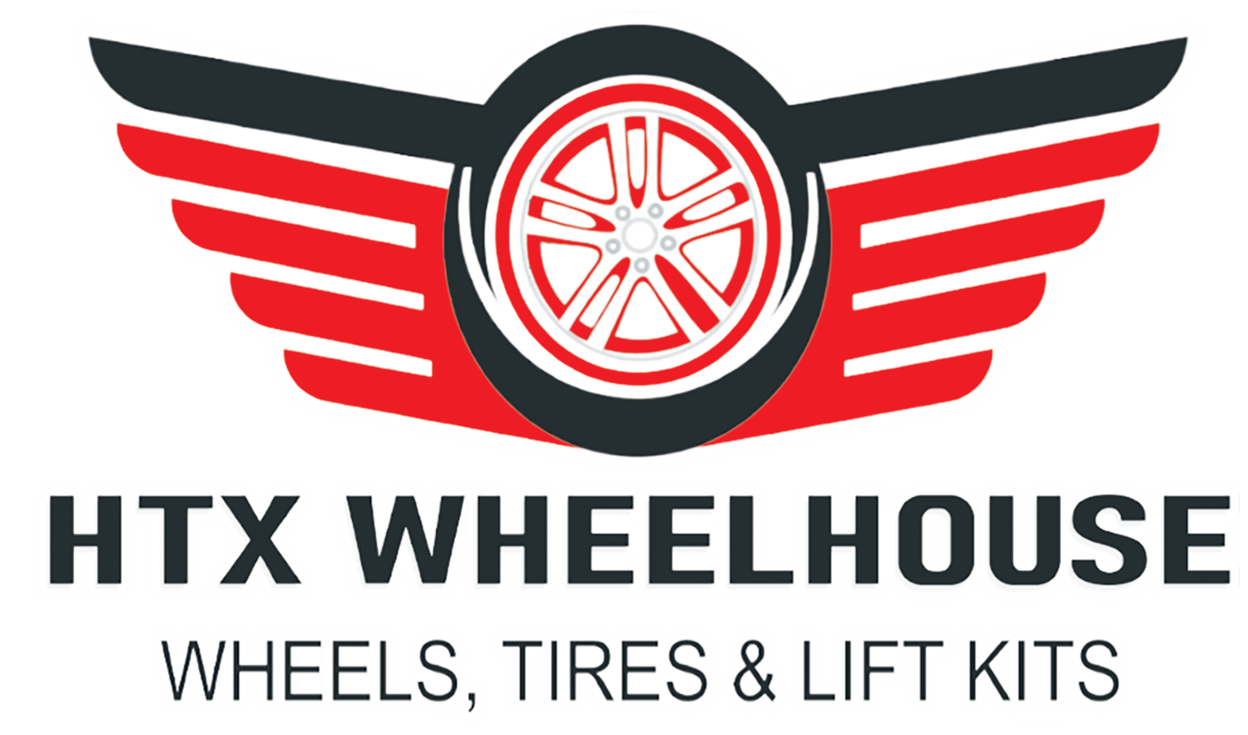 Logo for HTX Wheelhouse featuring a stylized wheel with wings and text that reads "Wheels, Tires & Lift Kits"