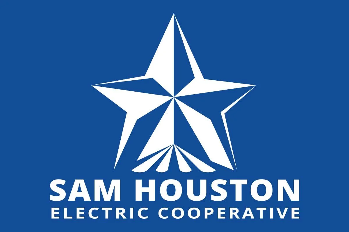 Logo of Sam Houston Electric Cooperative featuring a white star with stylized rays on a blue background, with the text 'SAM HOUSTON ELECTRIC COOPERATIVE' beneath.