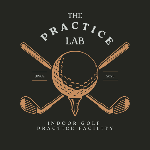 Logo for The Practice Lab, an indoor golf practice facility established in 2025, featuring two golf clubs crossed behind a golf ball.