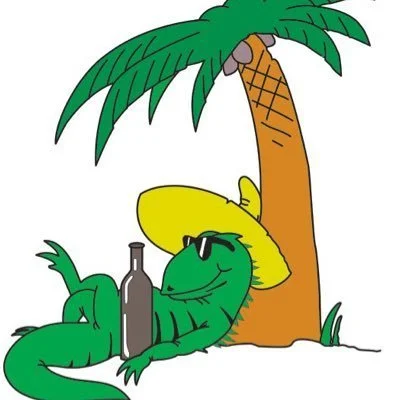 A cartoon lizard wearing sunglasses and a yellow hat, sitting under a palm tree, holding a bottle.