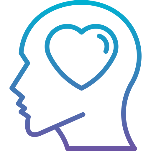 Pixelated digital icon of a human head with a heart shape inside, representing love or care for the mind or mental health.
