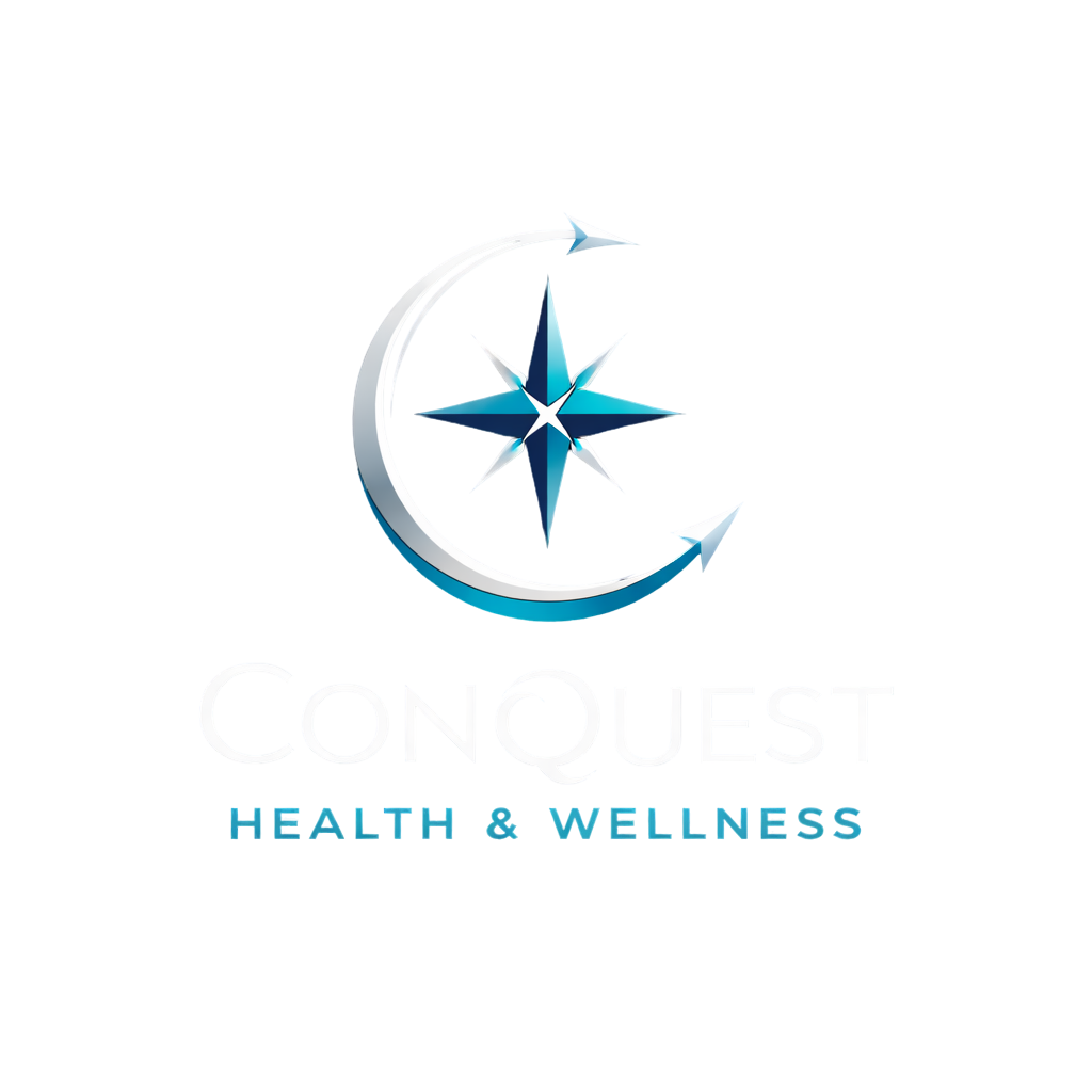 Conqest logo with a blue and white compass and crescent moon design above the text, "CONQUEST HEALTH & WELLNESS".