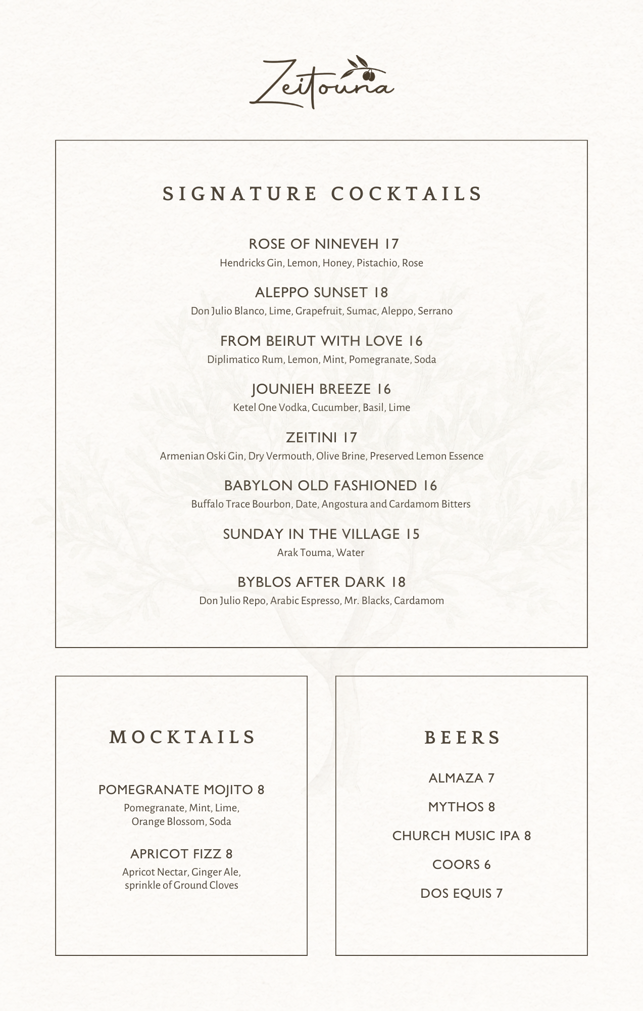 Menu featuring signature cocktails, mocktails, and beers with names and ingredients listed.