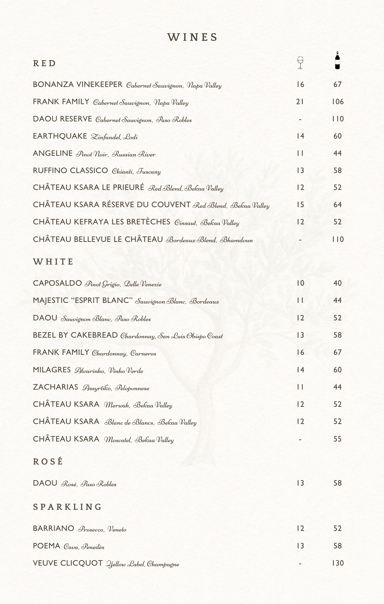 Wine menu listing different types of red, white, rosé, and sparkling wines with their names and prices.