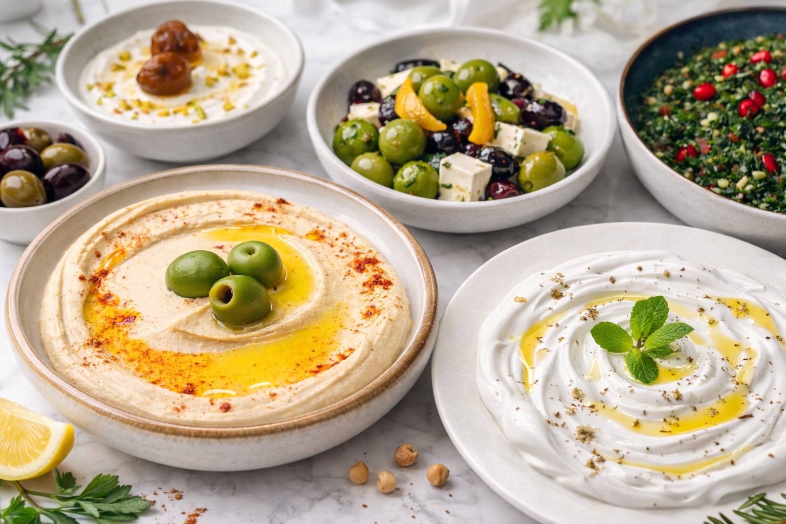 Assorted Mediterranean dishes including hummus topped with green olives, a yogurt dip with herbs garnished with mint and olive oil, Greek salad with feta, green grapes, and black olives, a tabbouleh salad, and other small bowls with olives and dips on a marble surface.