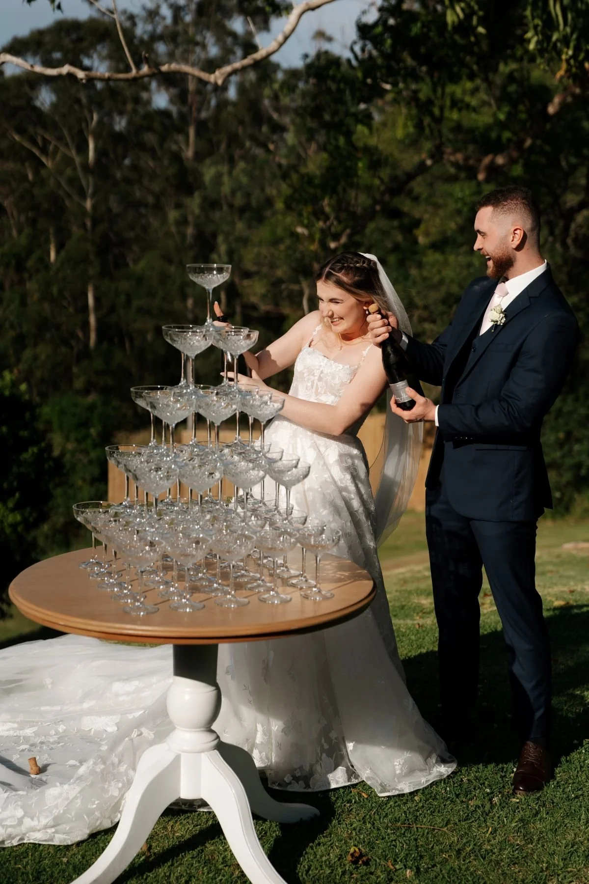 Champagne Tower Wedding Fun with Bride & Groom
