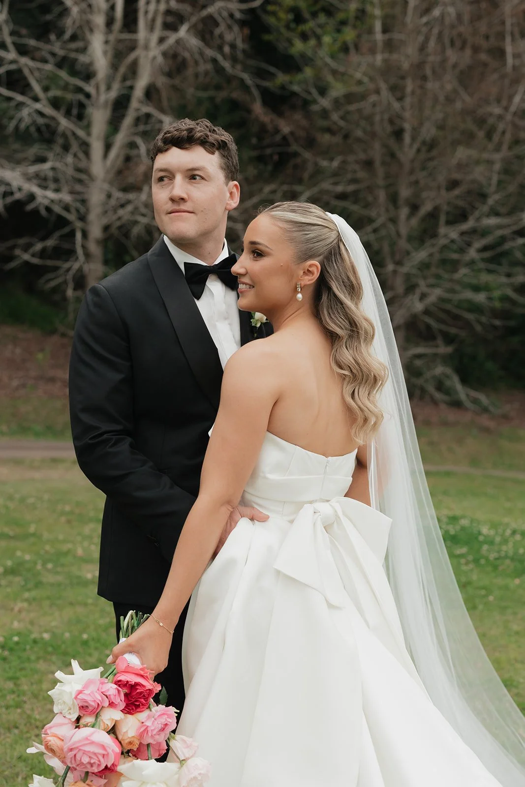 Maleny Manor Wedding Bride & Groom with pink Florals September Wedding