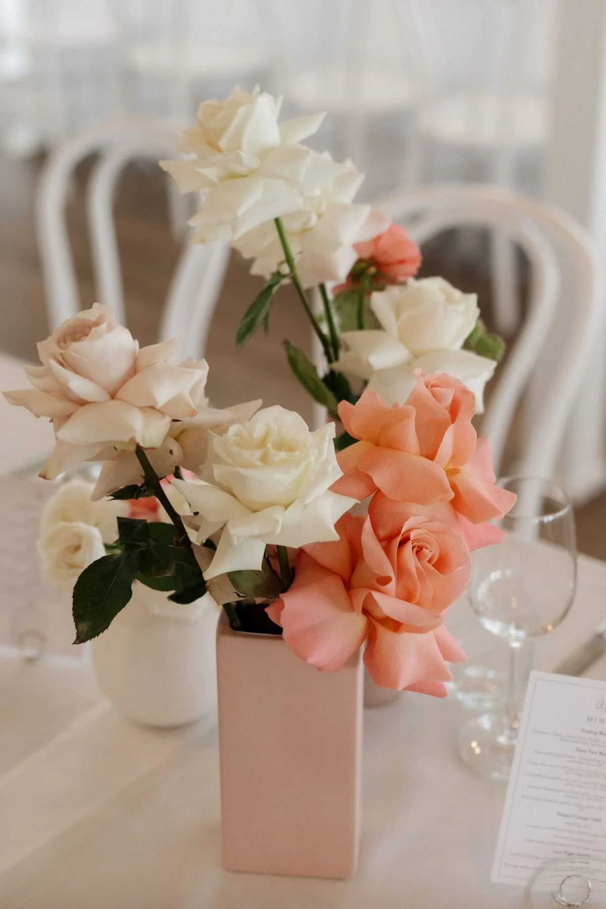 Wedding Reception Table Flowers Elegant Roses in Peach & Pink