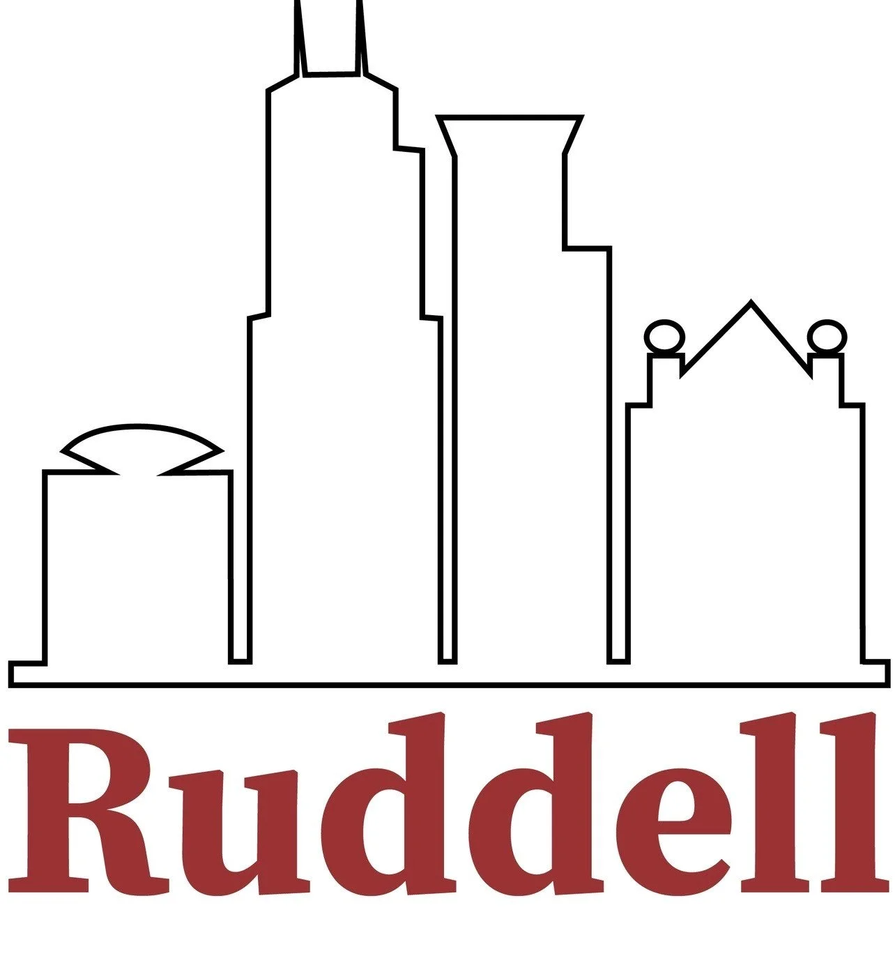 Outline of downtown Rudell skyline with the name 'Rudell' in maroon below.