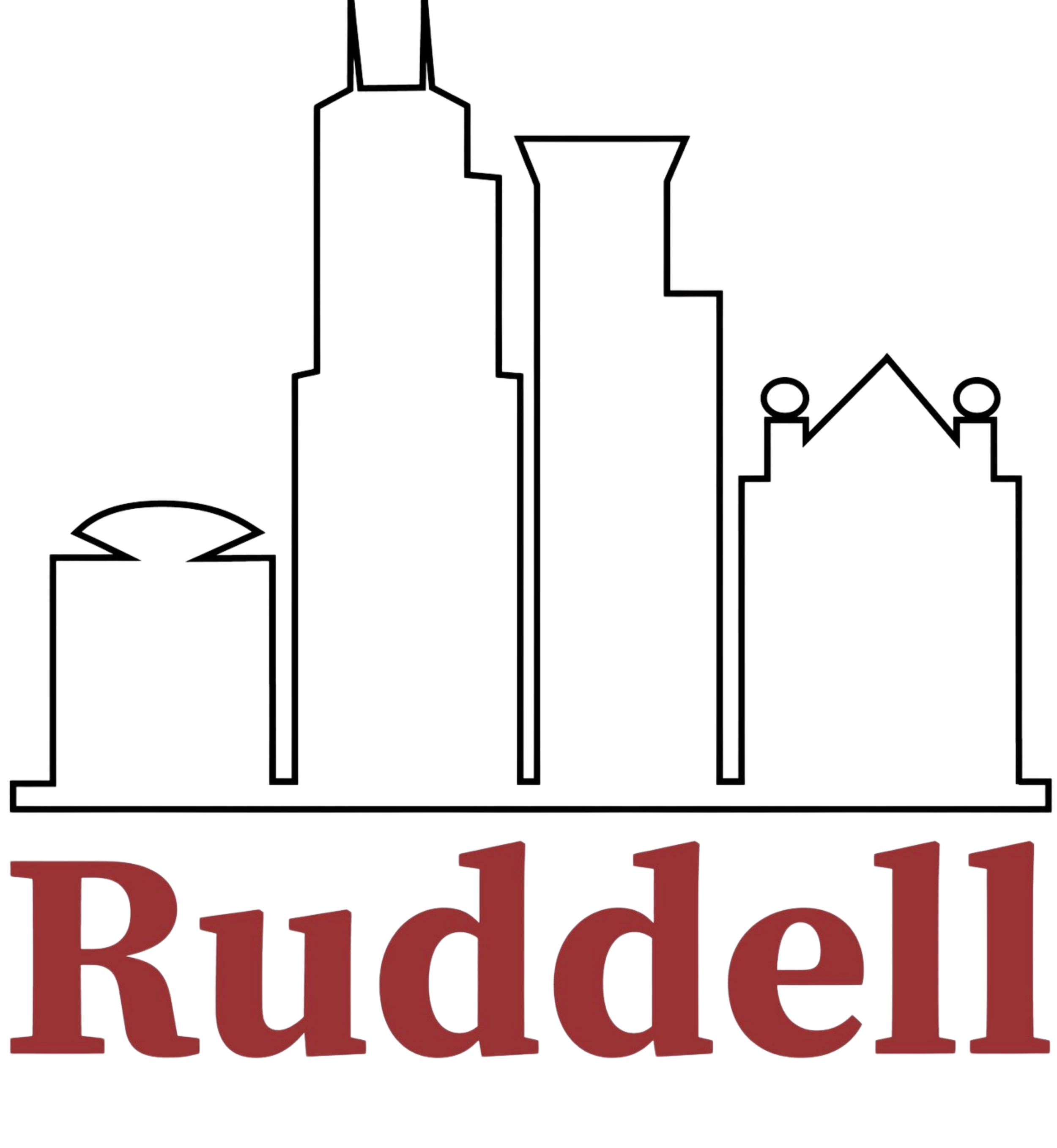 A stylized city skyline with tall buildings features the name 'Ruddel' in large, red 3D letters at the bottom.