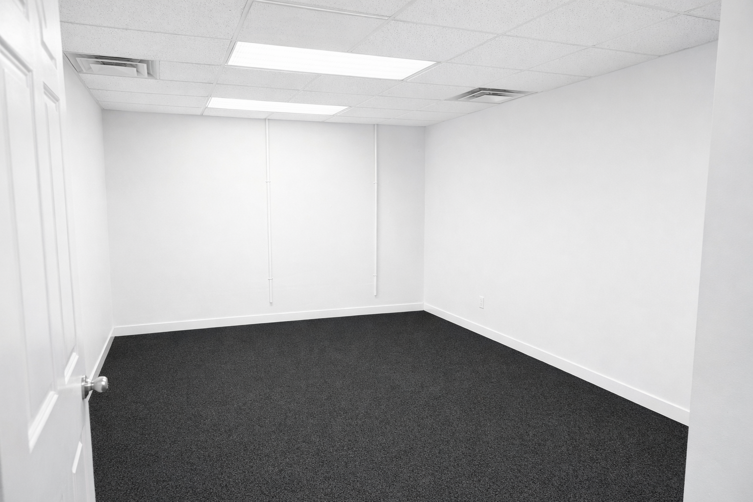 Empty office room with white walls, black carpet, ceiling lights, and a white door on the left side.