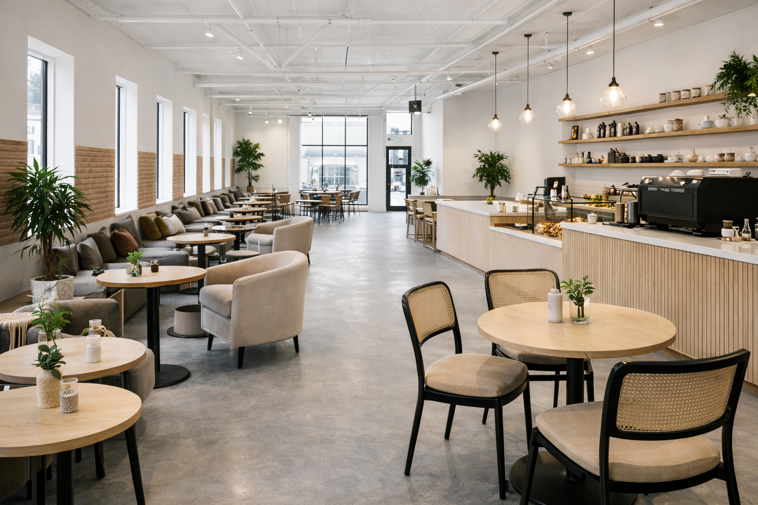 Modern cafe interior with light-colored wooden tables, beige and gray chairs, a long sofa along the wall with cushions, and a counter with a display case and coffee machine. Large windows let in natural light, and indoor plants add greenery.