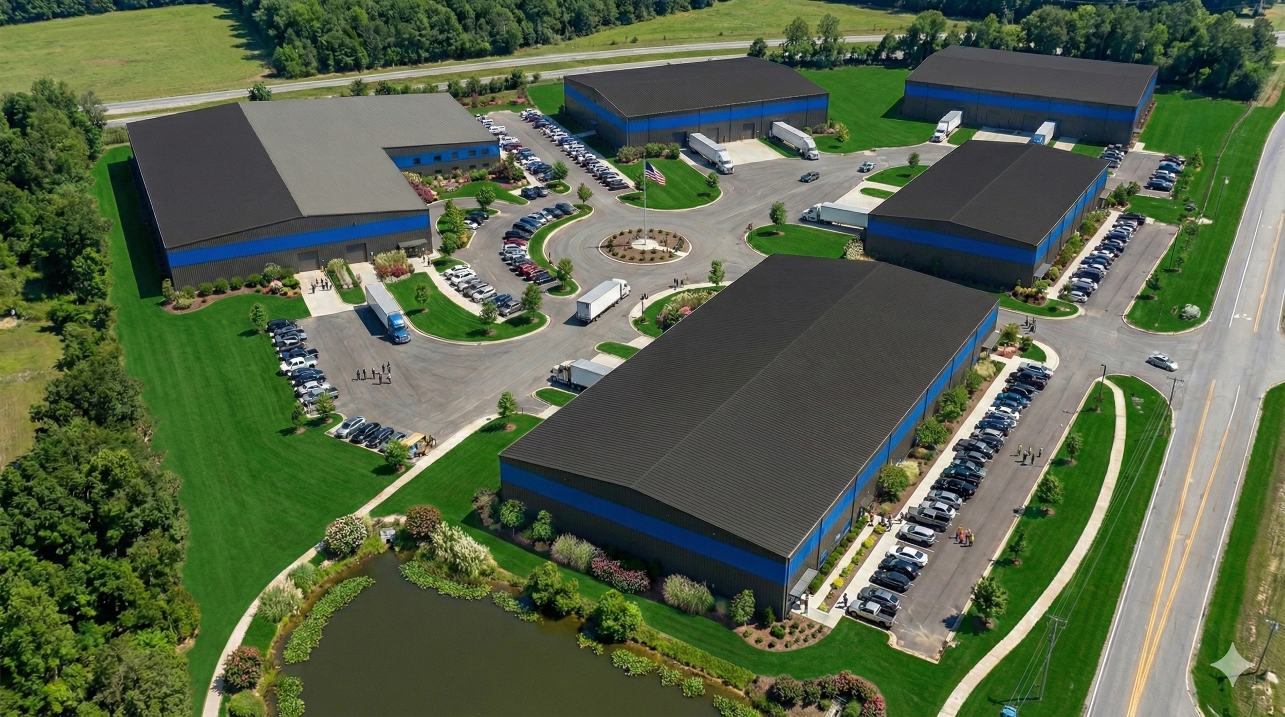 Aerial view of a large commercial or industrial complex with multiple rectangular buildings, parking lots filled with cars, green lawns, trees, and a small pond surrounded by landscaping.