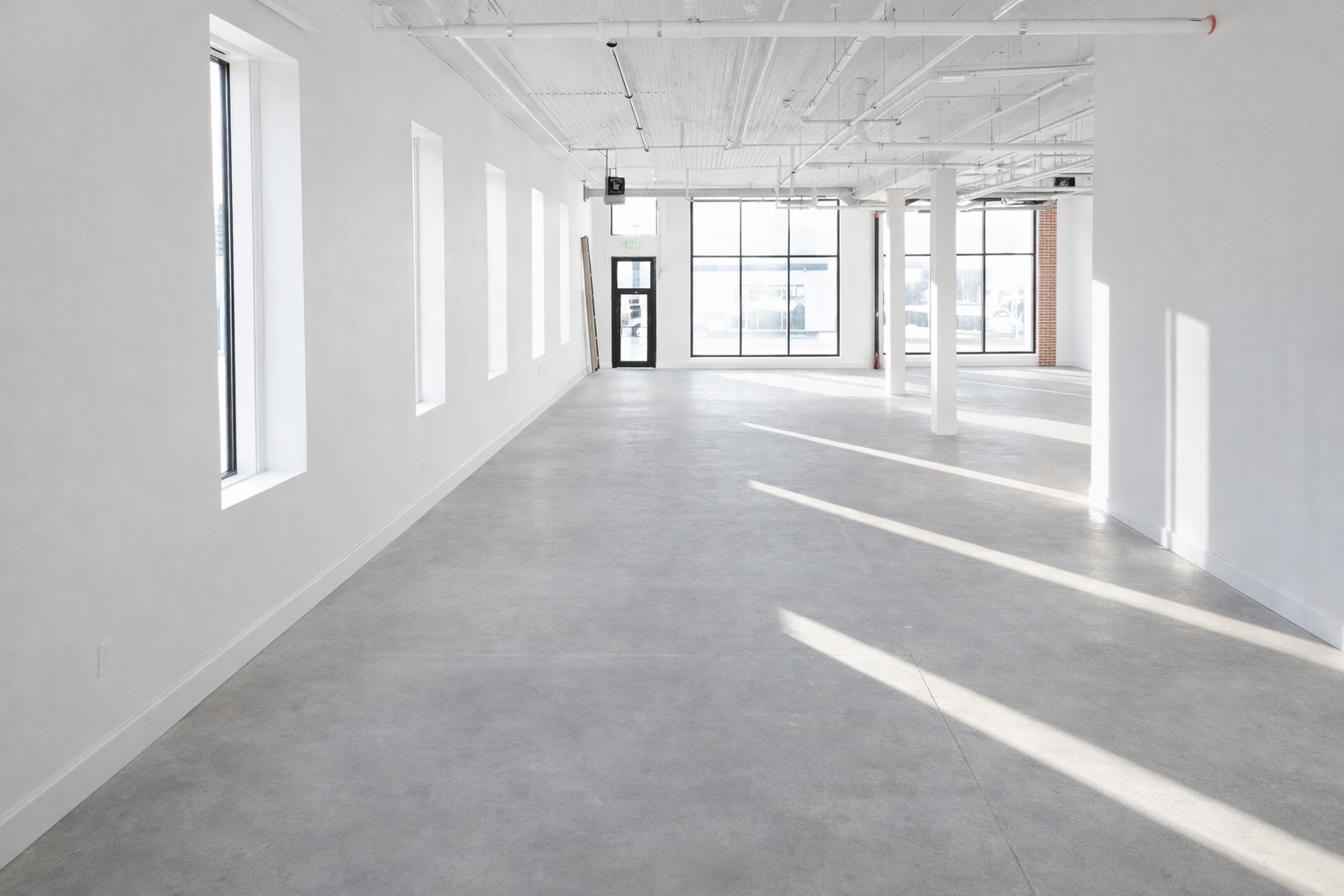 Empty commercial space with white walls, large windows, and polished concrete floors, illuminated by sunlight, with visible ceiling pipes and support columns.