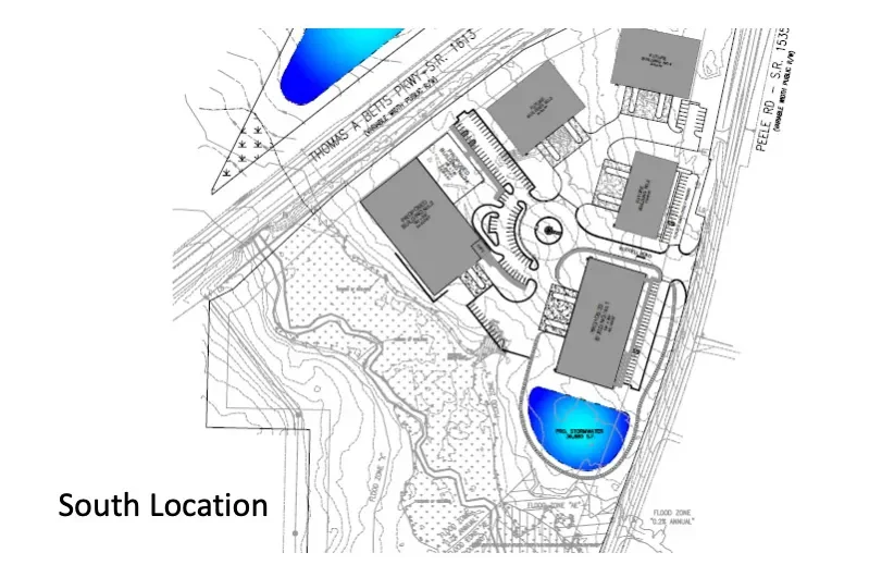 A site plan showing multiple buildings, parking lot, two small water bodies, surrounding topography, and roadways, with the labels "South Location" and nearby street names.